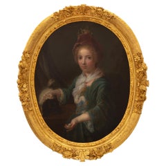 Retrato de una joven francesa de principios del siglo XIX en madera dorada y óleo sobre lienzo