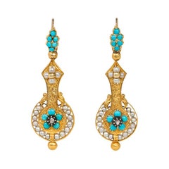 French Early 19th Century Gold, Turquoise, Pearl Earrings with Forget-Me-Nots