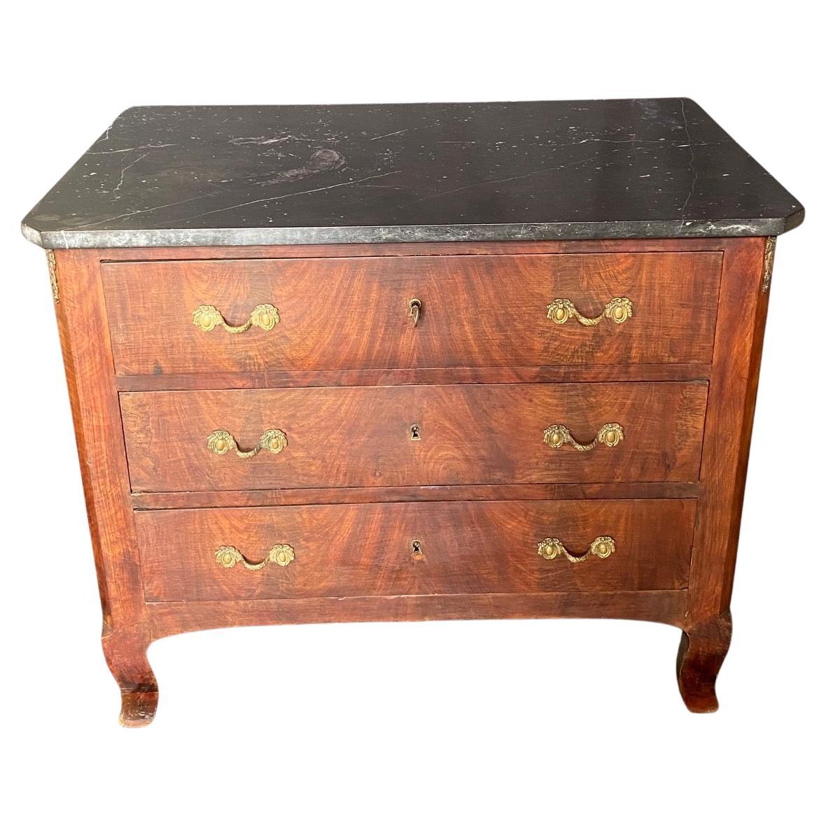 French Early 19th Century Louis XV Marble Top Burled Walnut Petite Commode For Sale