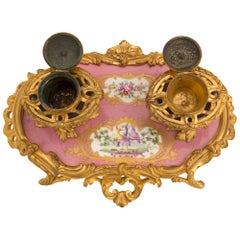 French Early 19th Century Louis XV St. Sèvres Porcelain and Ormolu Inkwell