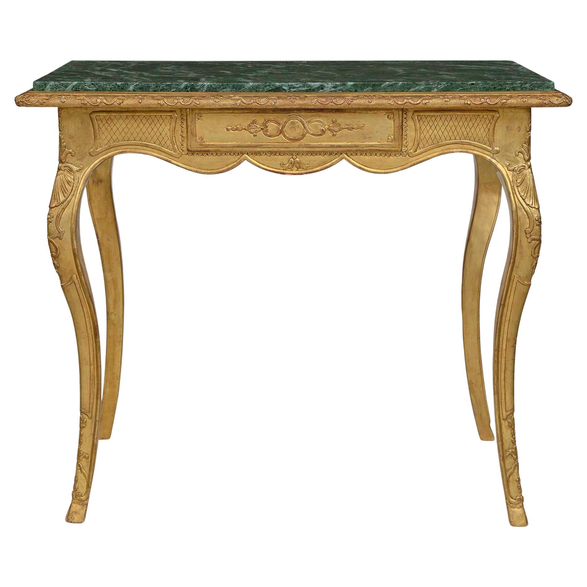 Mesa rectangular francesa de madera dorada y mármol estilo Luis XV de principios del siglo XIX en venta