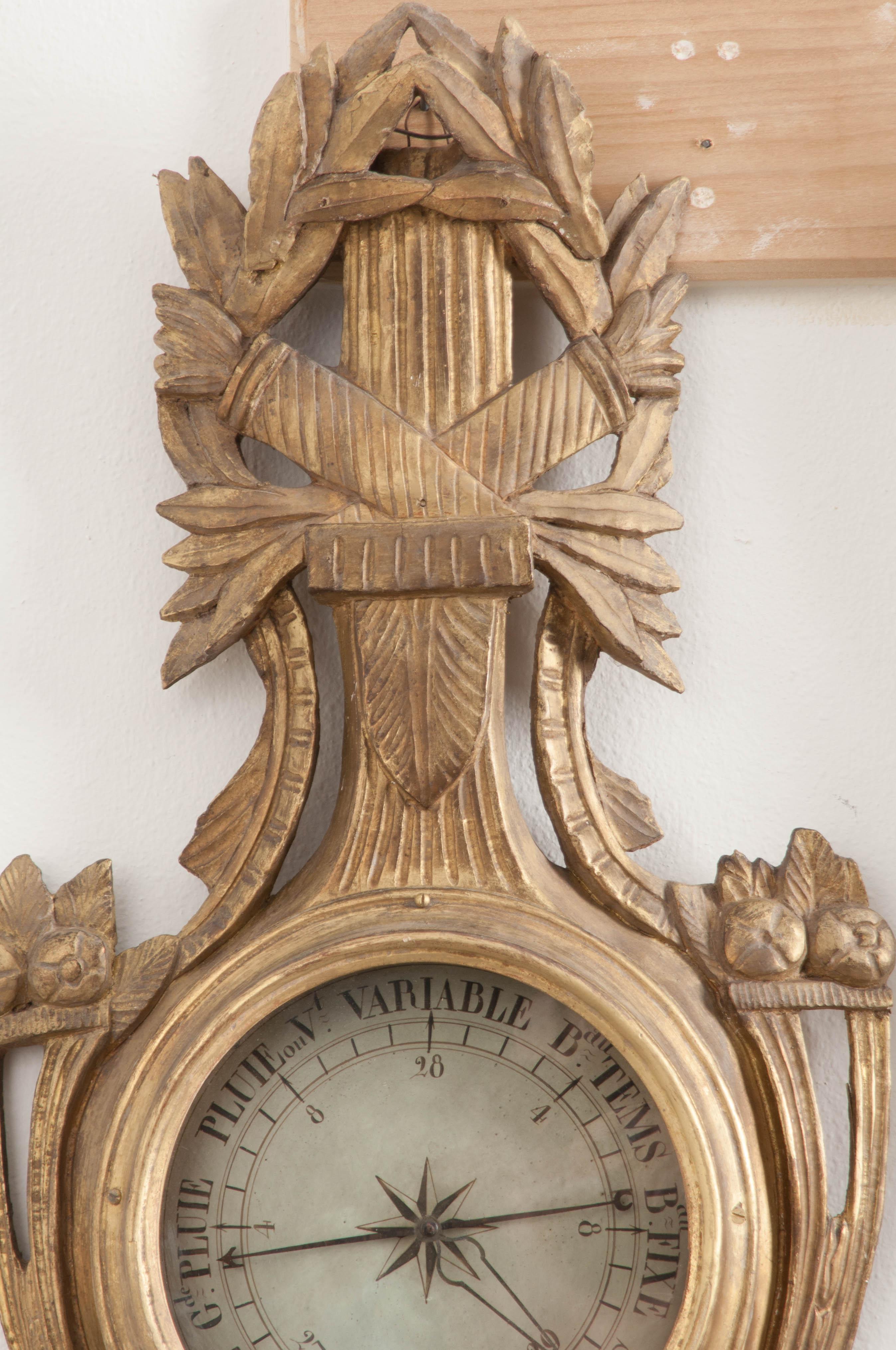 French Early 19th Century Louis XVI Gold Gilt Barometer In Good Condition In Baton Rouge, LA