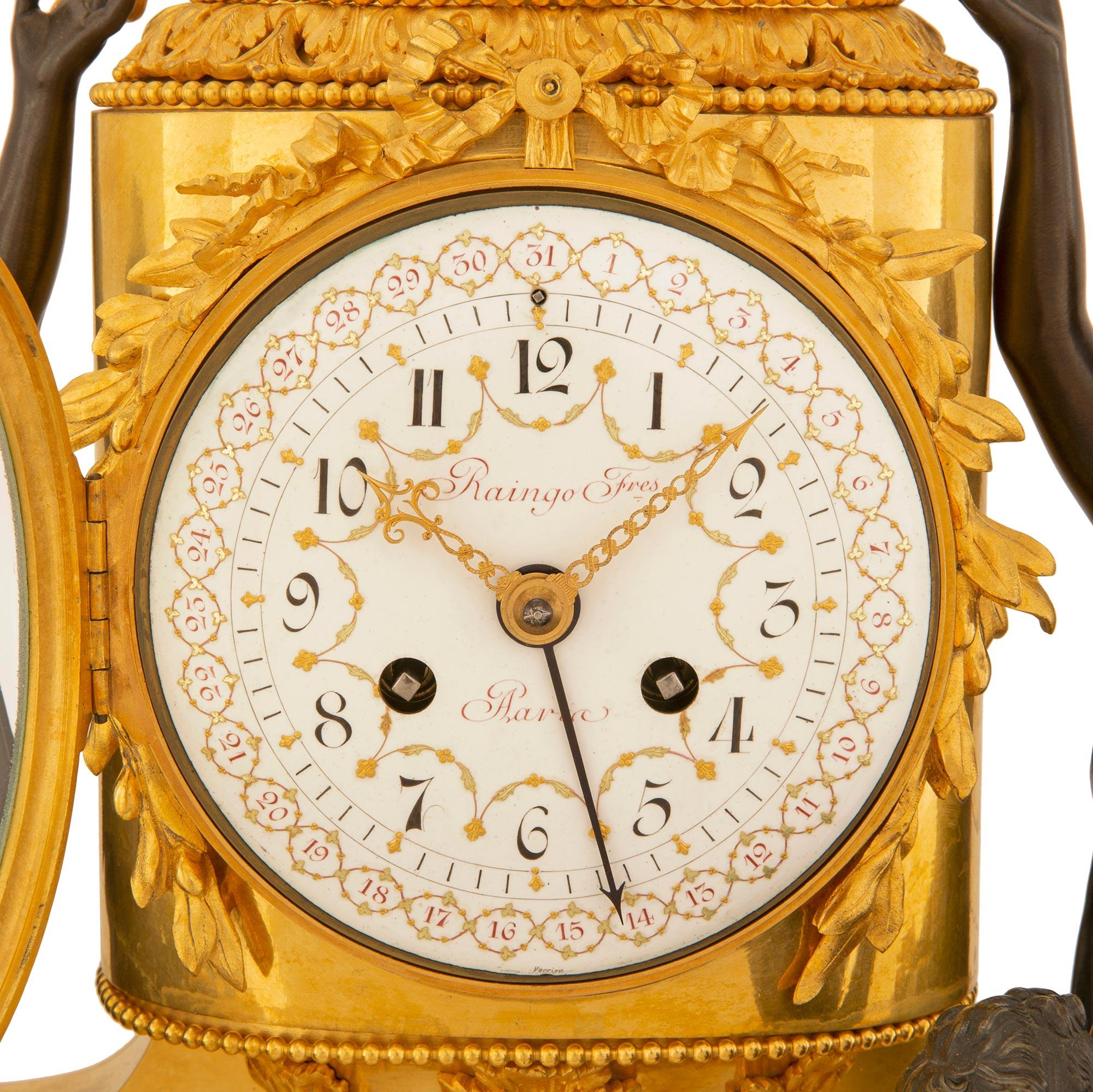 Französisch Anfang 19. Jahrhundert Louis XVI St. Marmor und Ormolu Uhr von Raingo Frères im Angebot 1