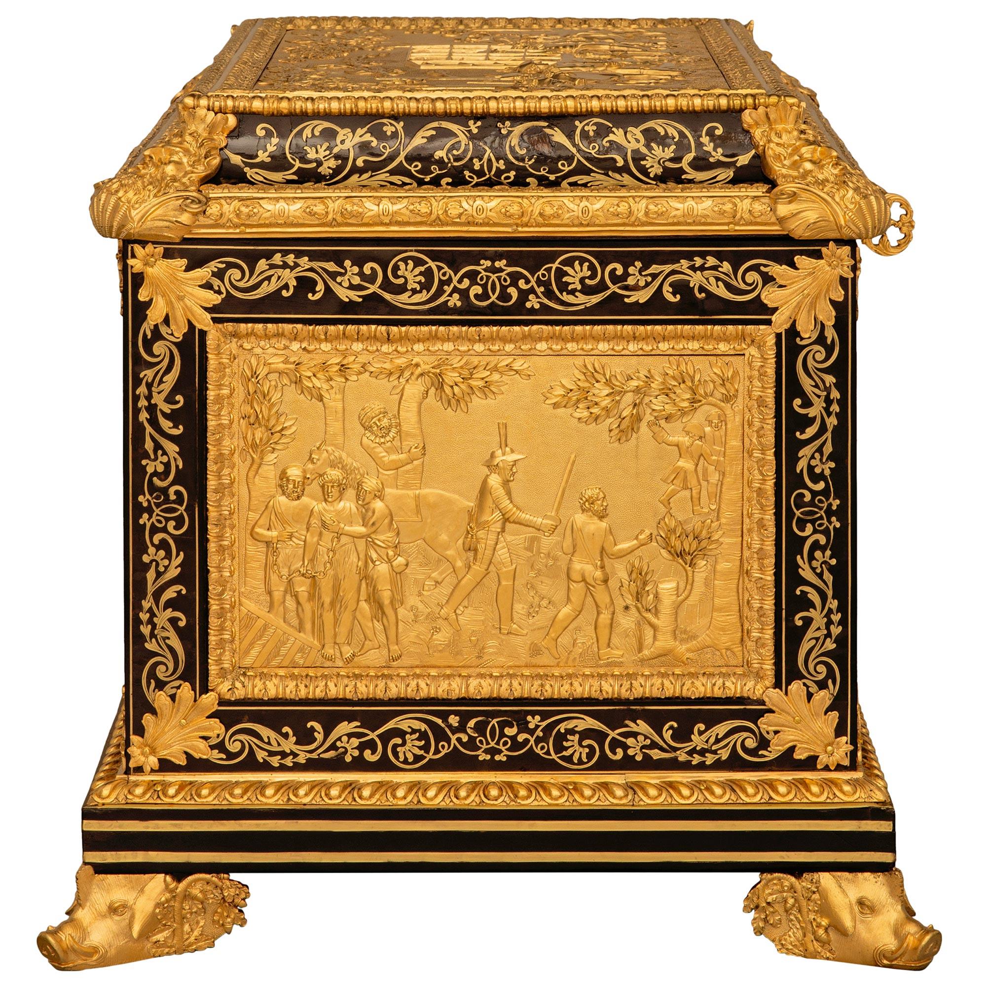 Ottone Scatola Boulle francese dell'inizio del XIX secolo in stile Luigi XVI, con ormolatura e legno ebanizzato. in vendita