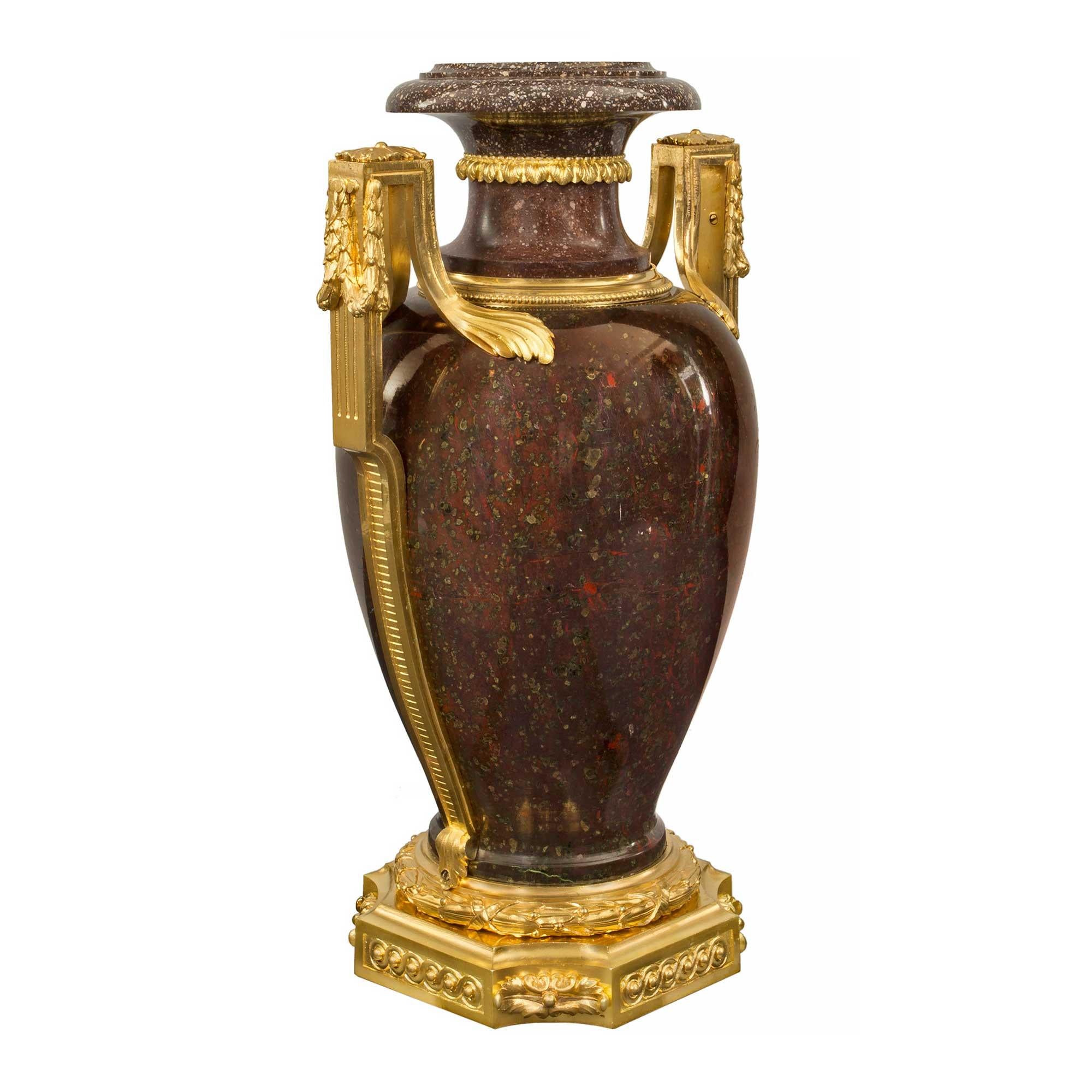 French Early 19th Century Louis XVI Style Porphyry and Ormolu Urns In Good Condition For Sale In West Palm Beach, FL
