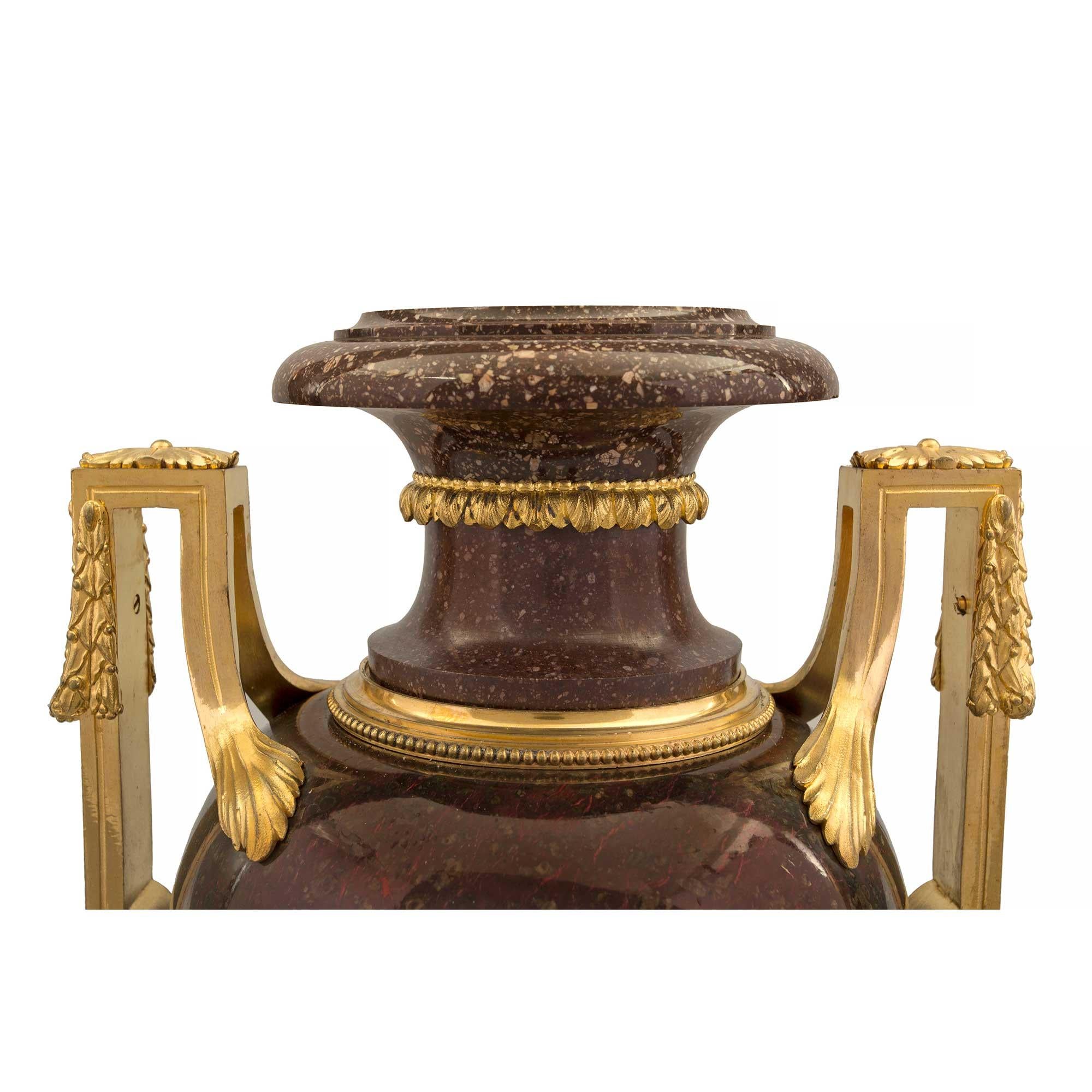 French Early 19th Century Louis XVI Style Porphyry and Ormolu Urns For Sale 2