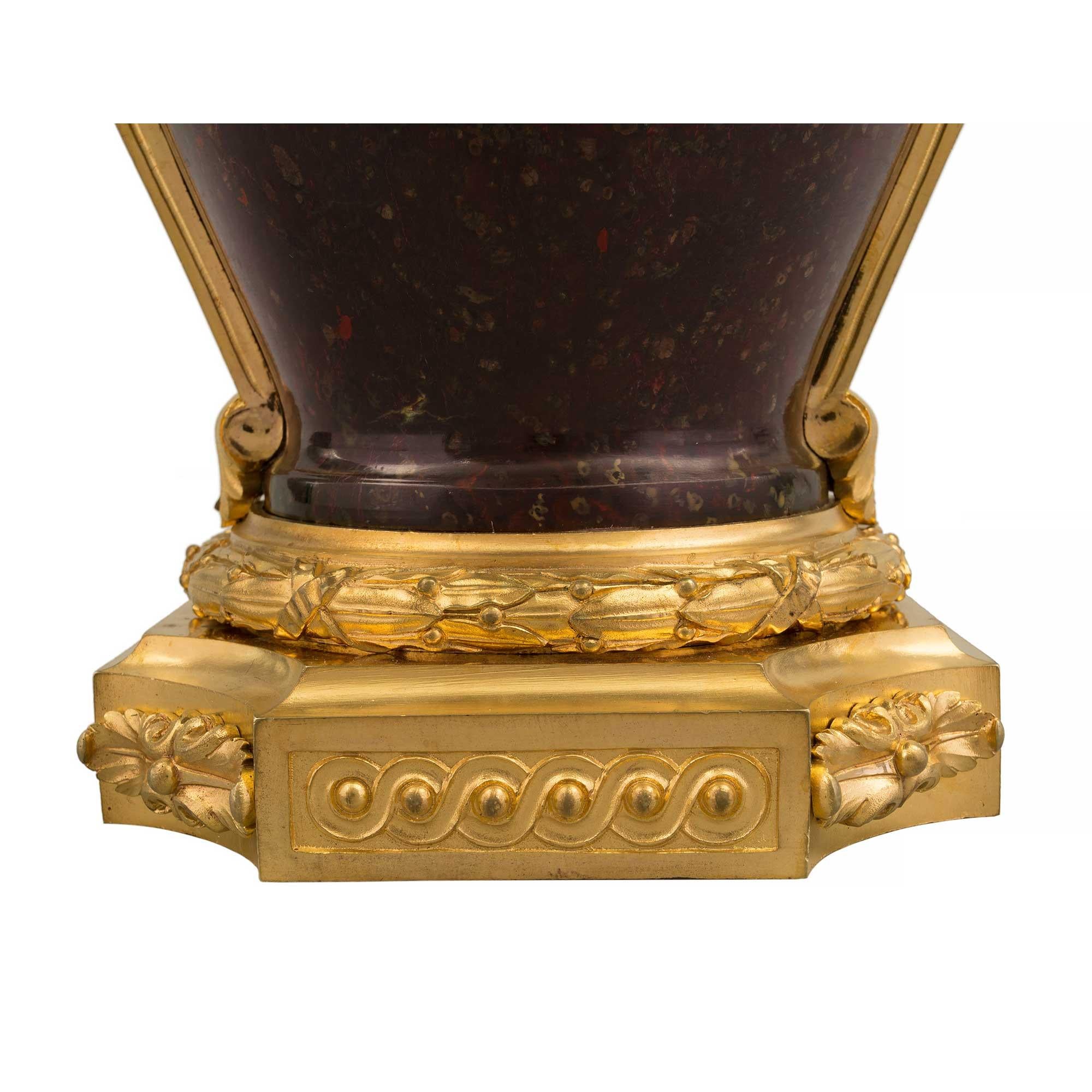 French Early 19th Century Louis XVI Style Porphyry and Ormolu Urns For Sale 5
