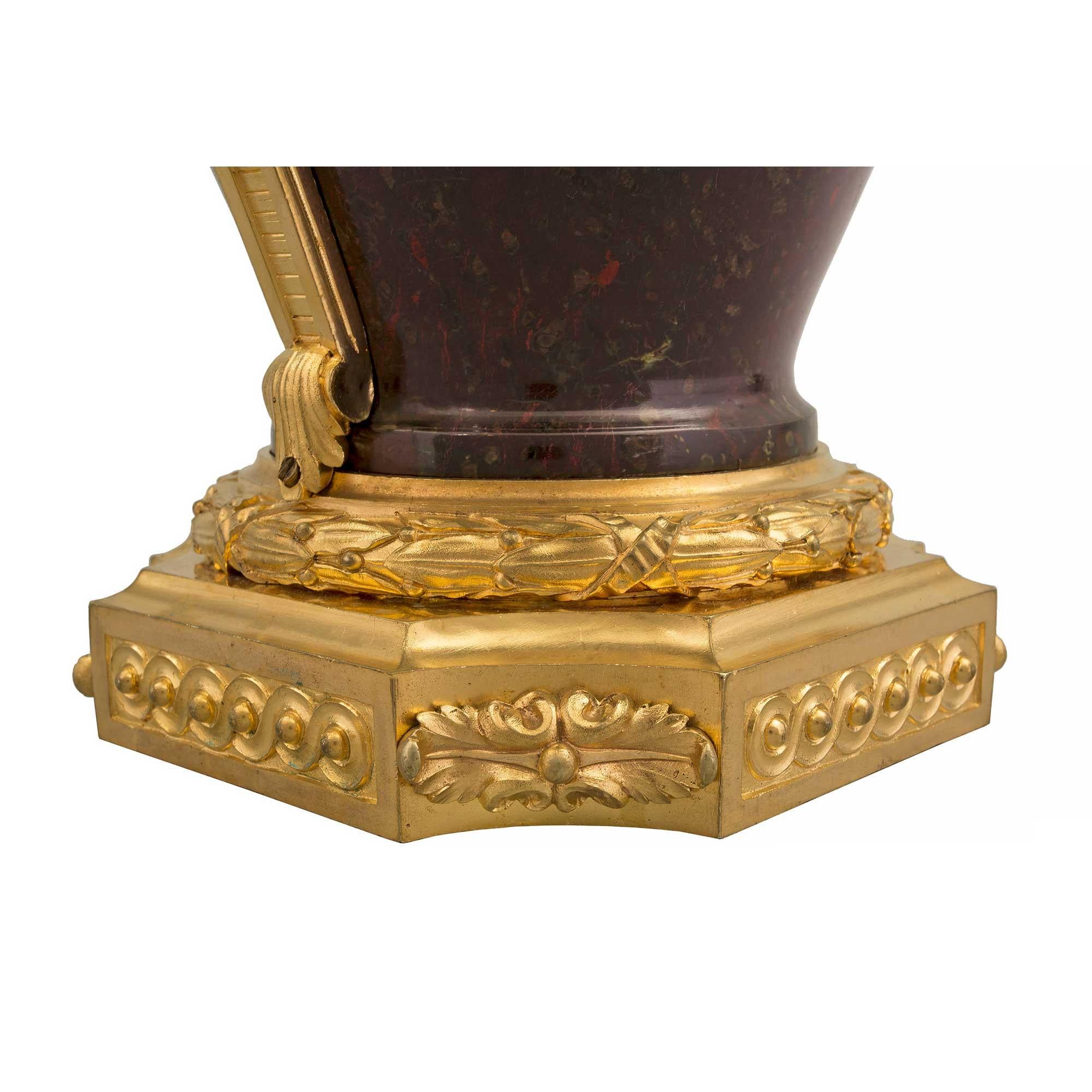 French Early 19th Century Louis XVI Style Porphyry and Ormolu Urns For Sale 6