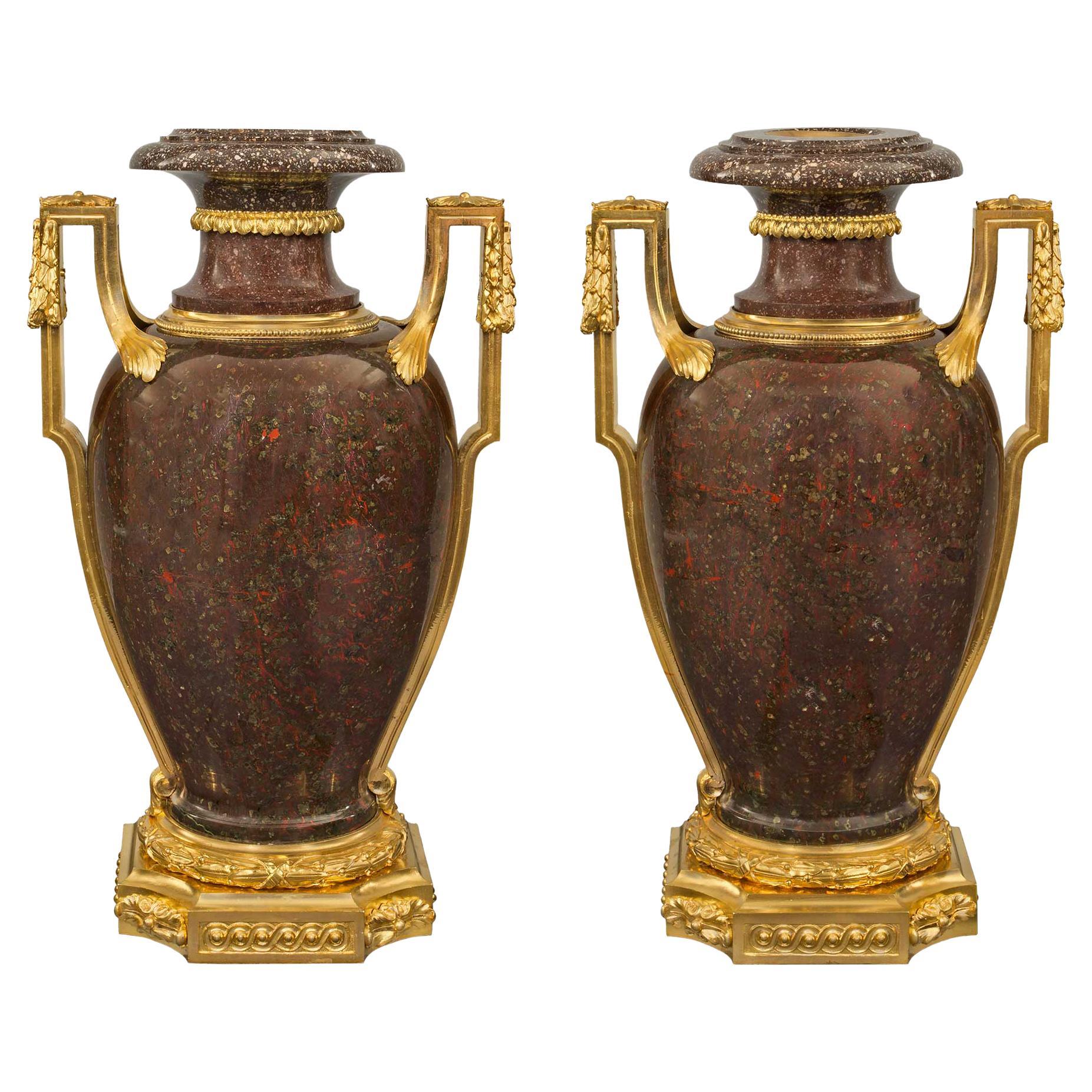 French Early 19th Century Louis XVI Style Porphyry and Ormolu Urns For Sale