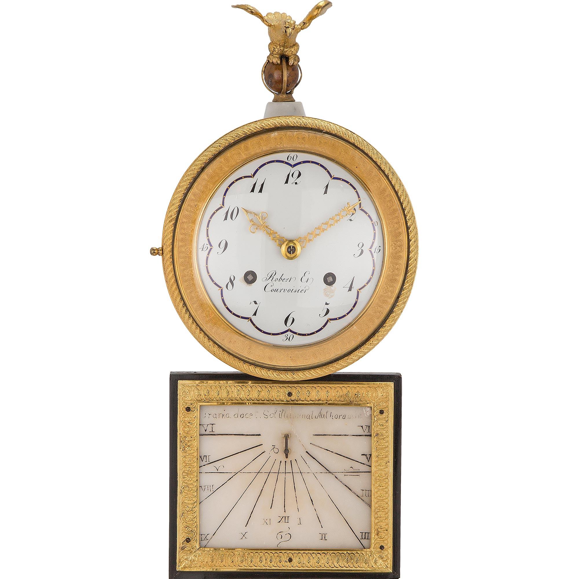 Bronze doré Pendule à quart de cercle en marbre et bronze doré du début du XIXe siècle avec cadran solaire en vente