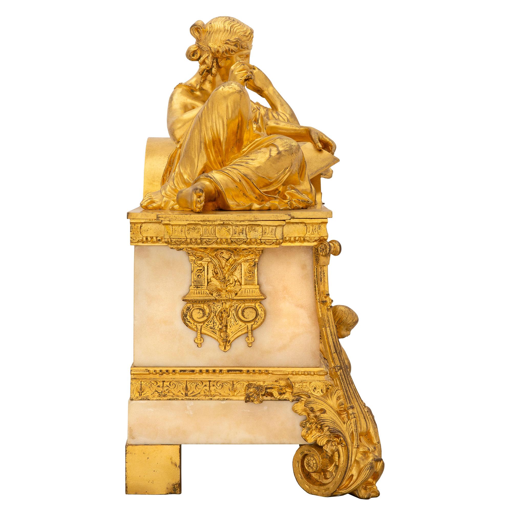 French Early 19th Century Ormolu and White Carrara Marble Clock In Good Condition For Sale In West Palm Beach, FL