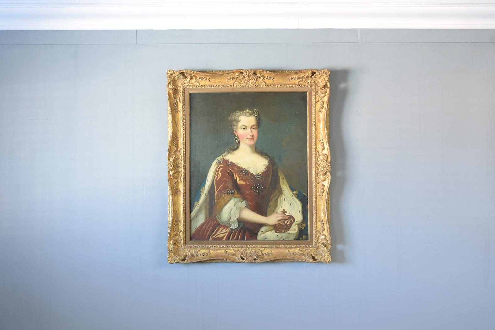Discover a timeless masterpiece with this extraordinary antique wall painting. Maintaining its excellent condition, this painting is framed by a finely carved giltwood frame, sporting its original gilded finish. The frame has been recently cleaned,