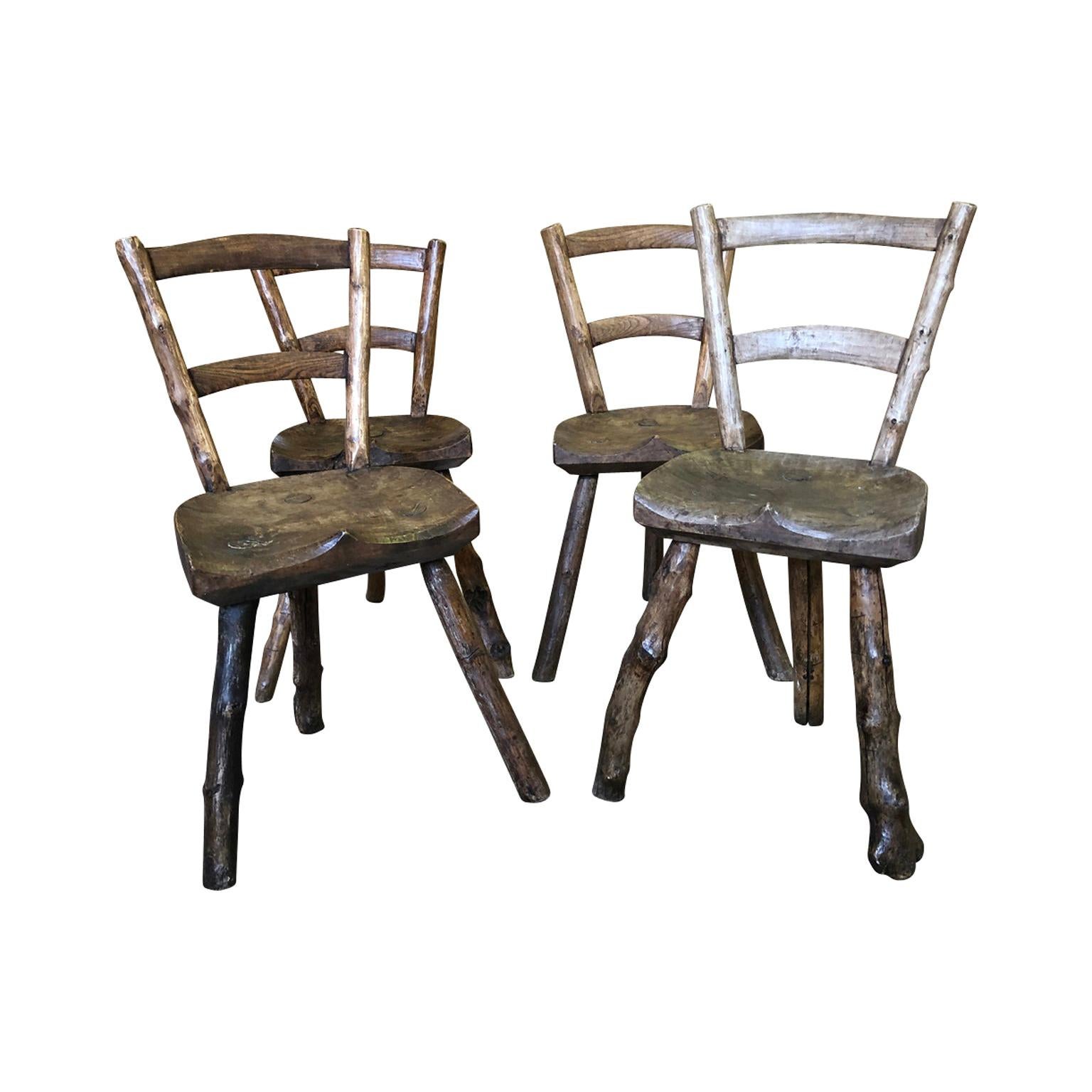 French Early 19th Century Set of 4 Primitive Chairs