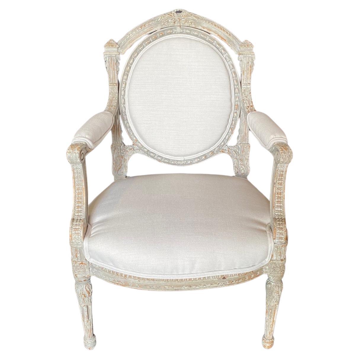French Early 19th Century Stunningly Carved Louis XVI Chair with Original Paint For Sale