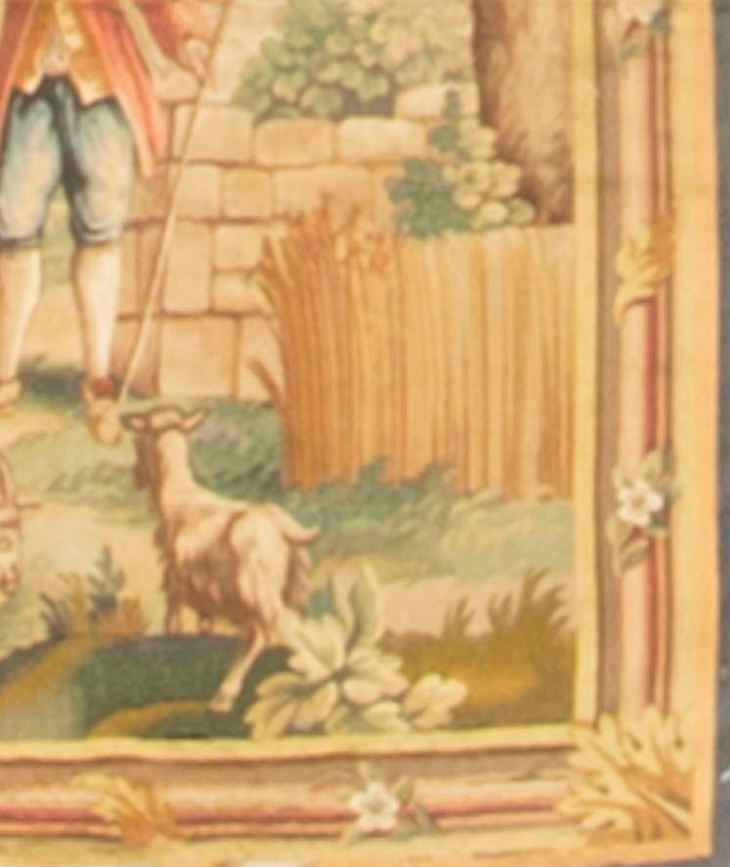 Français, début du XIXe siècle. Une scène de campagne, où le gardien de chèvres rencontre une dame aristocratique, assise au bord d'une rivière. Les chèvres jouent joyeusement ensemble en mangeant l'herbe. Une petite maison est située de l'autre