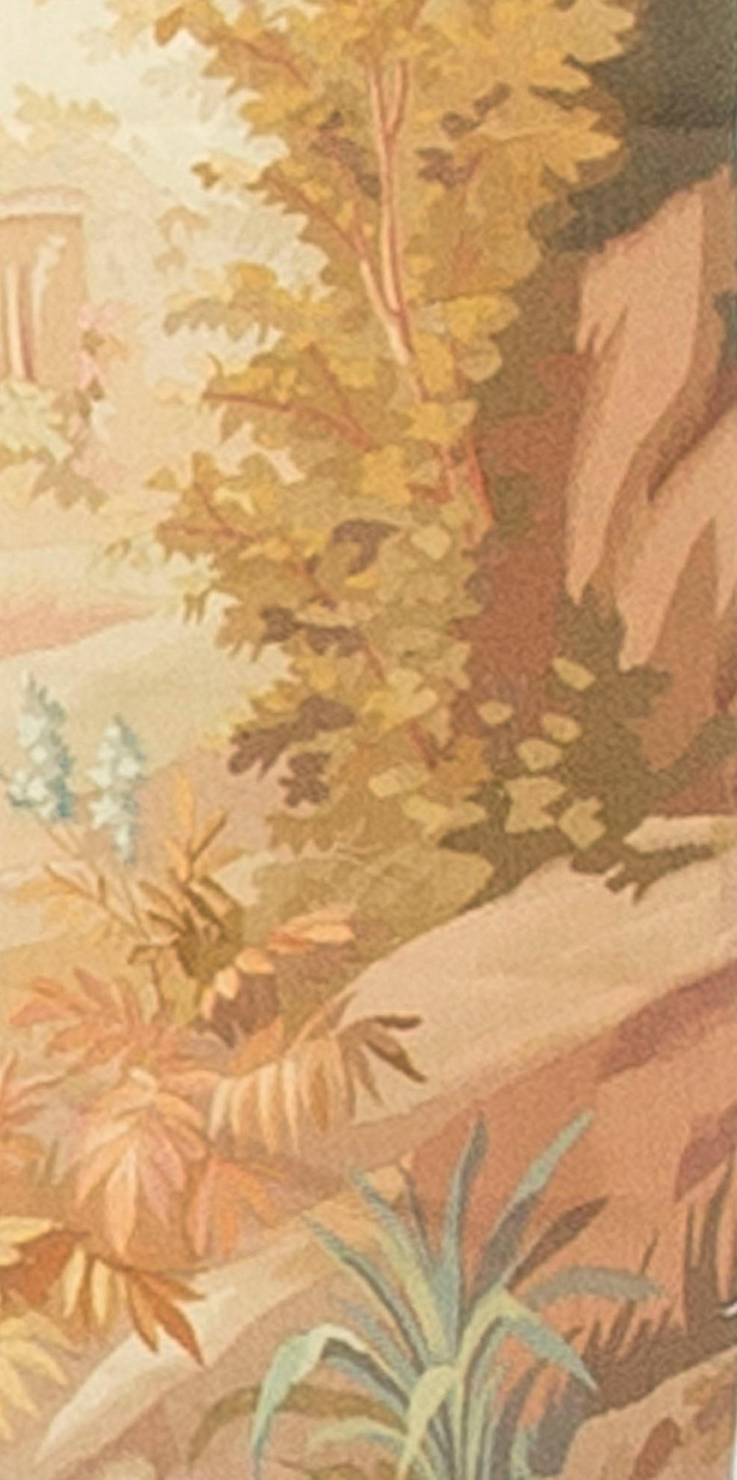 Dans des couleurs douces et pâles, la scène a un air de printemps, avec l'oiseau qui joue à se faufiler entre les branches des rochers.
 