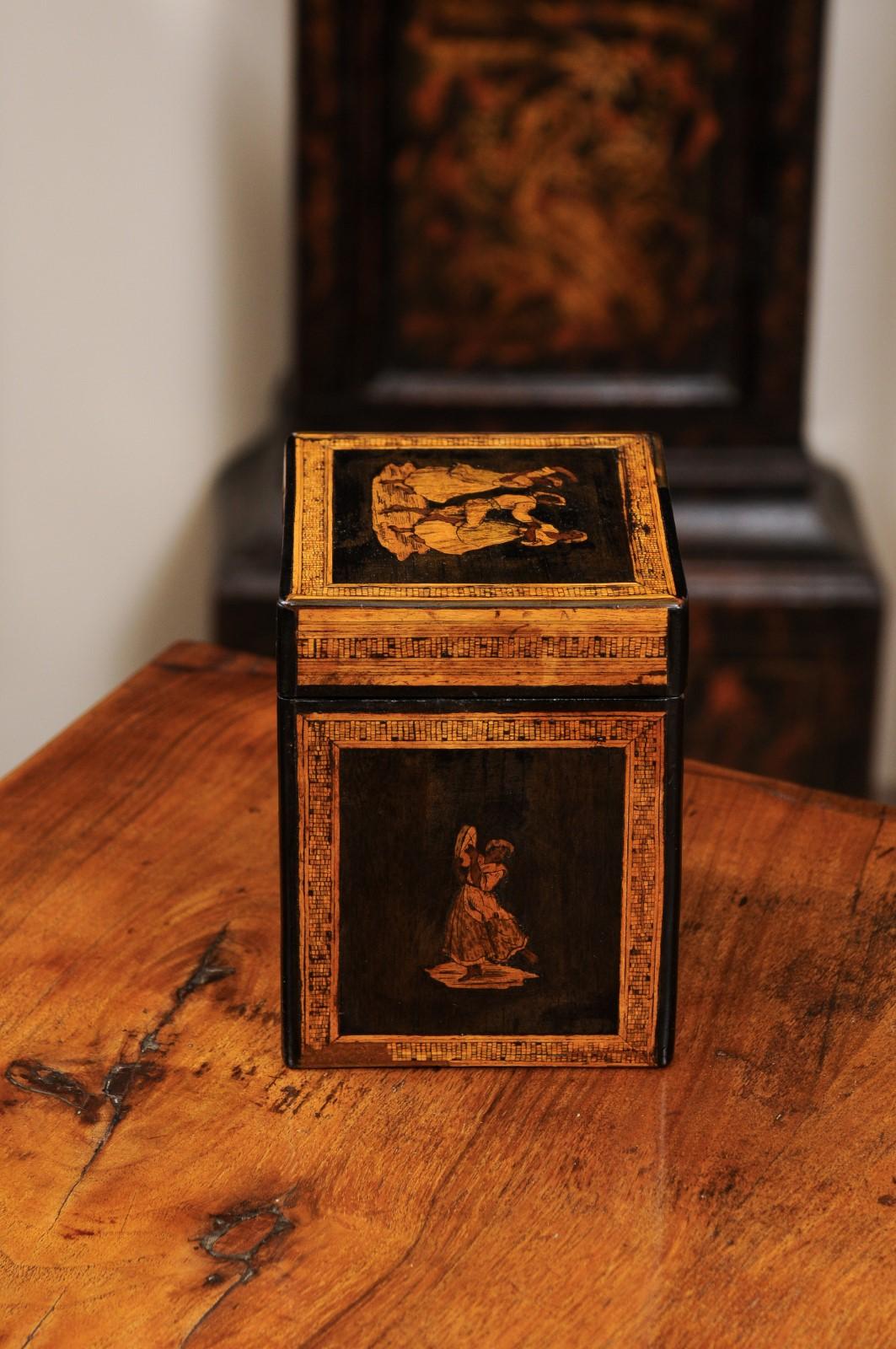 French Early 19th Century Tea caddy Featuring marquetry Inlay of Figures Dancing For Sale 7