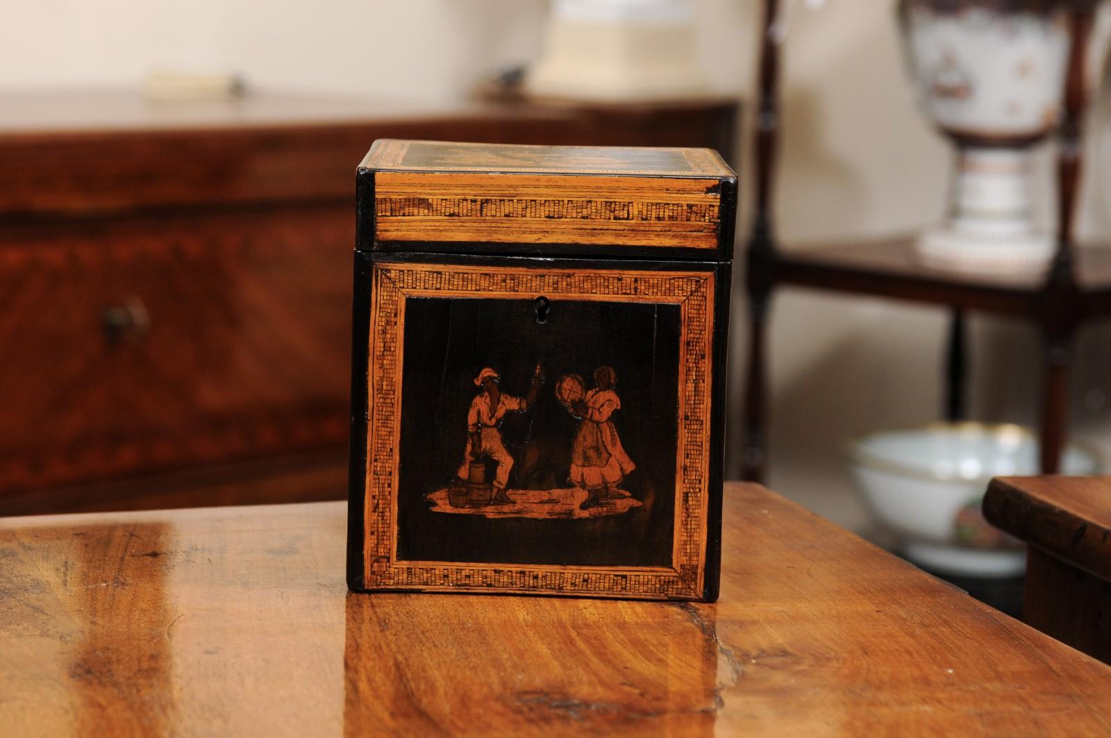 Französische Teedose aus dem frühen 19. Jahrhundert mit tanzenden Figuren als Intarsienarbeit im Angebot 8
