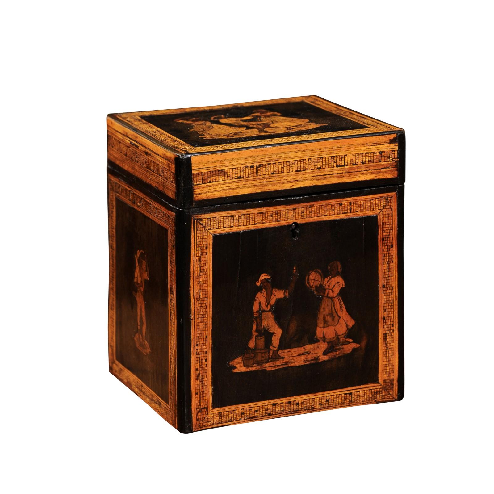 French Early 19th Century Tea caddy Featuring marquetry Inlay of Figures Dancing In Good Condition For Sale In Atlanta, GA