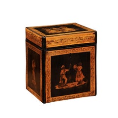 French Early 19th Century Tea caddy Featuring marquetry Inlay of Figures Dancing