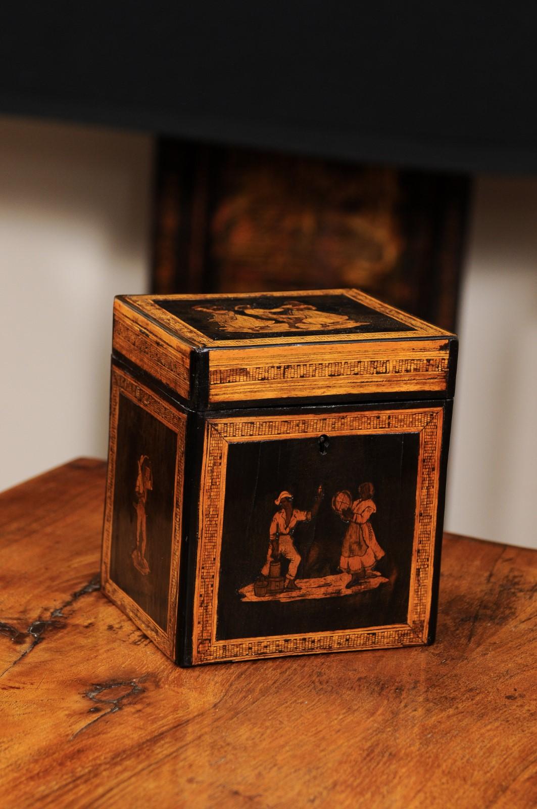 Französische Teedose aus dem frühen 19. Jahrhundert mit tanzenden Figuren als Intarsienarbeit (Holz) im Angebot