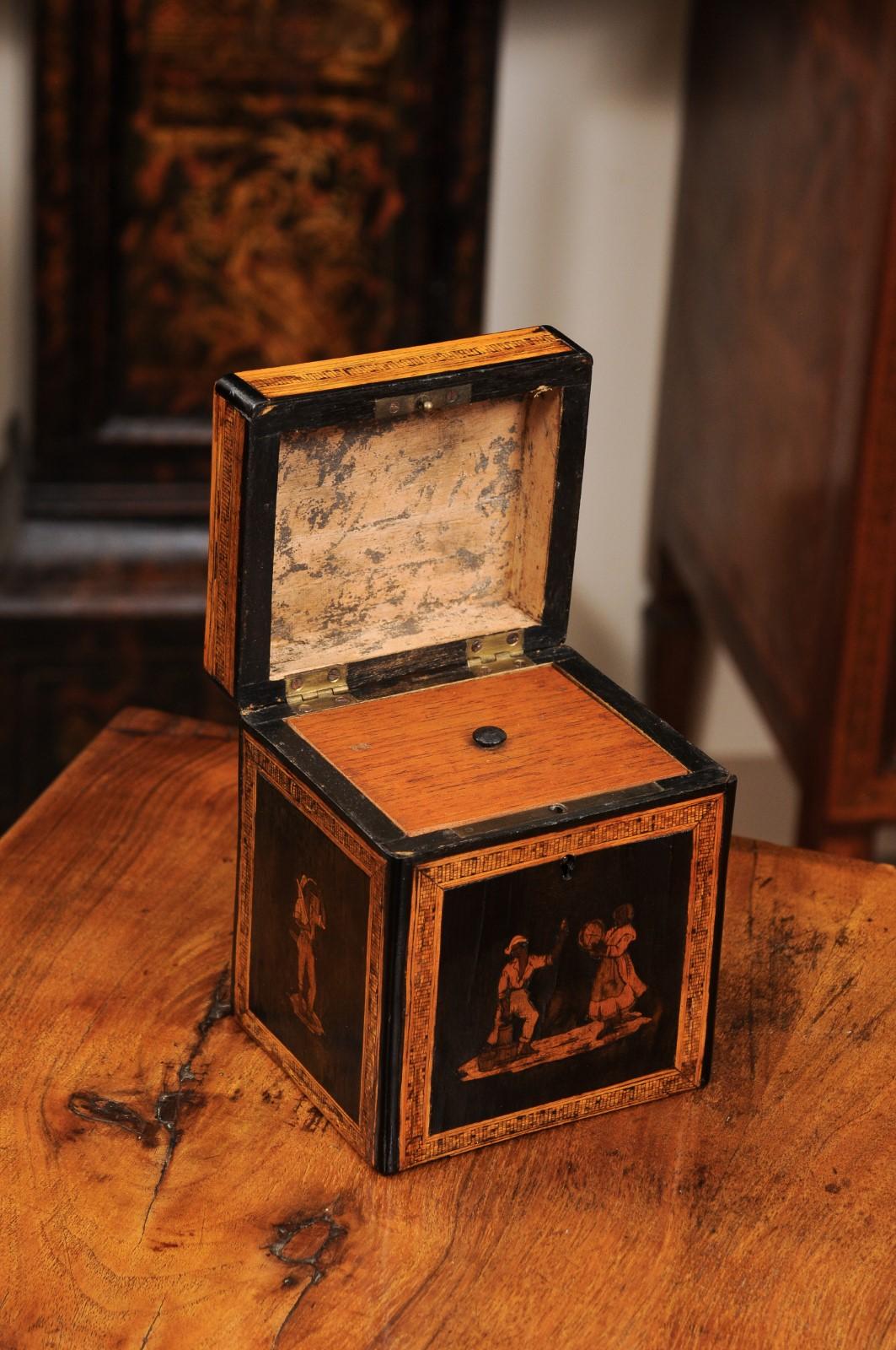 French Early 19th Century Tea caddy Featuring marquetry Inlay of Figures Dancing For Sale 1