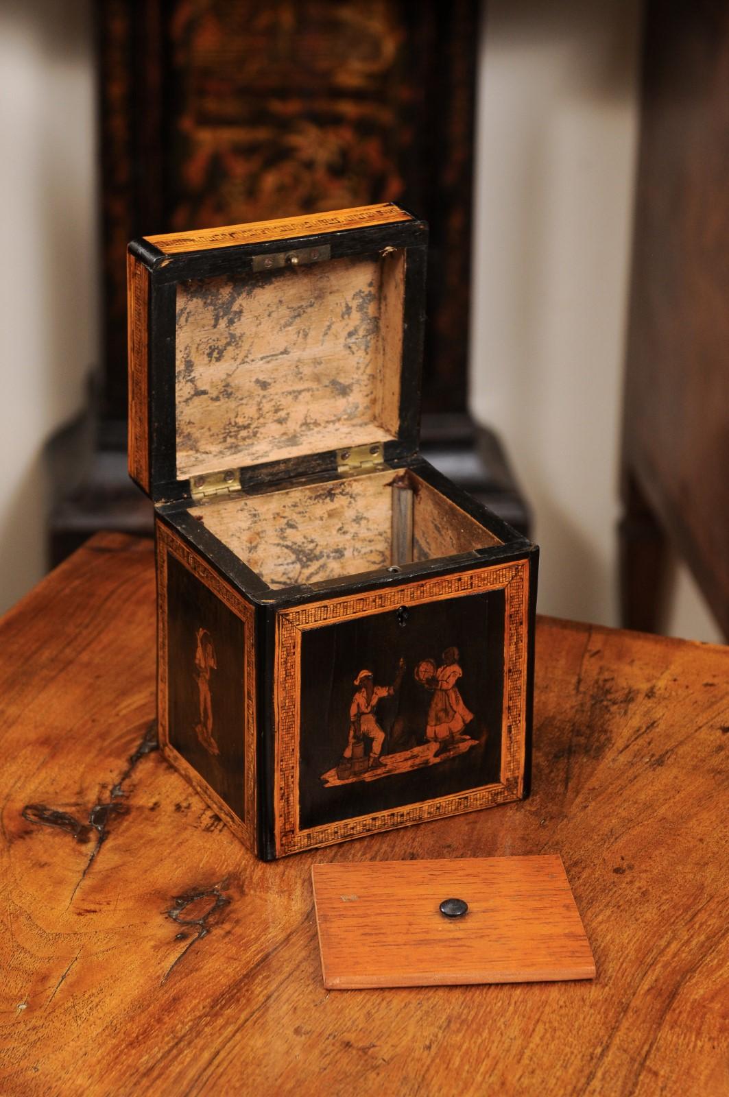Legno Porta tè francese dell'inizio del XIX secolo con intarsio di figure che danzano in vendita