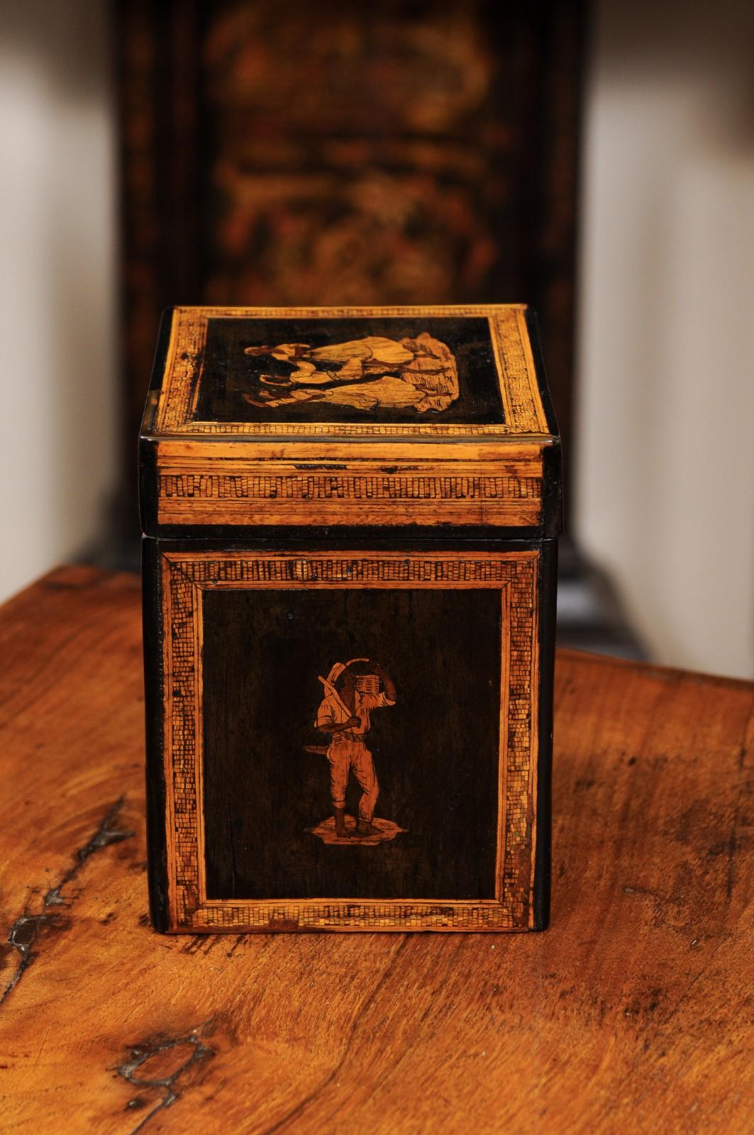 French Early 19th Century Tea caddy Featuring marquetry Inlay of Figures Dancing For Sale 3