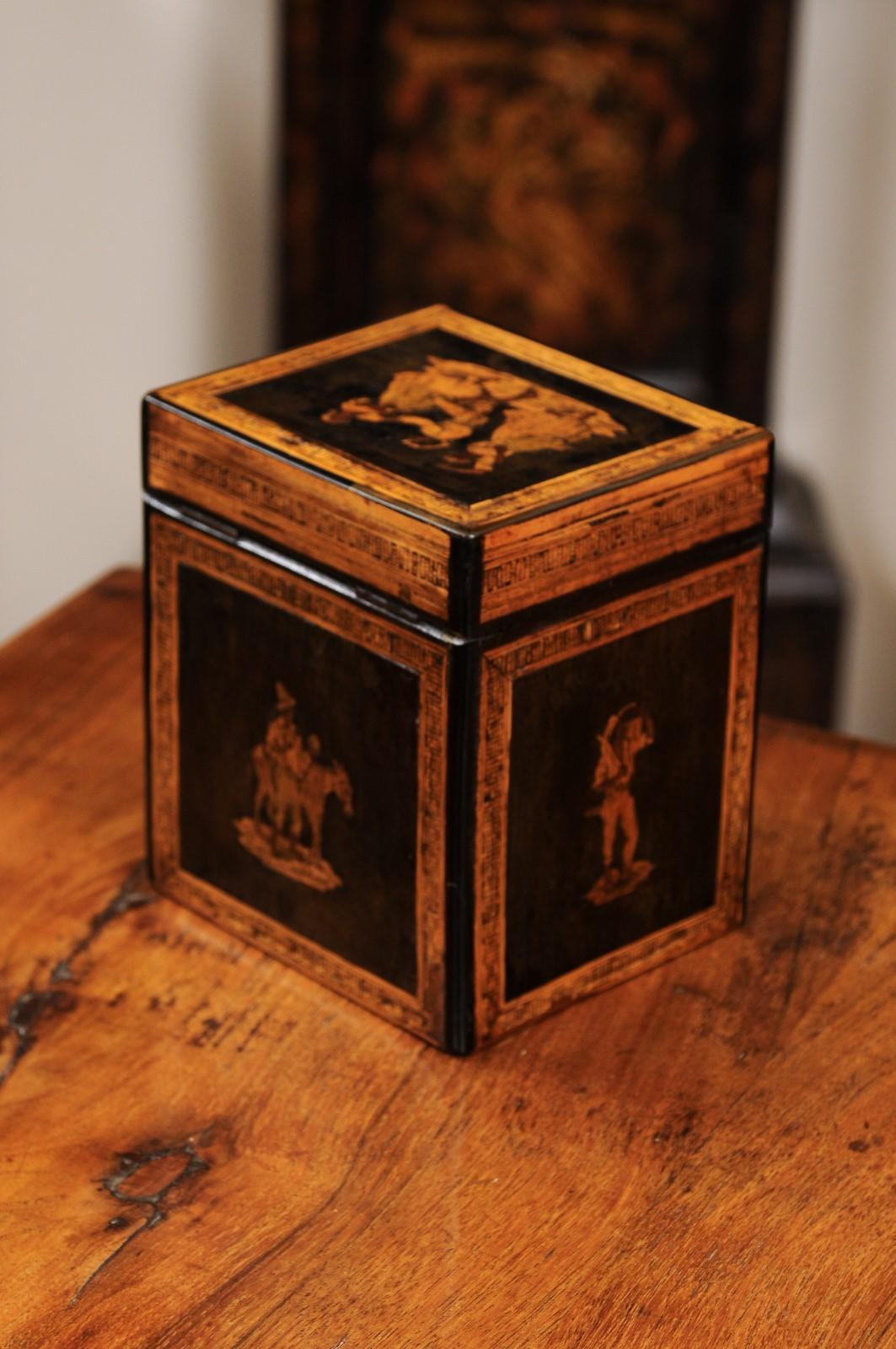 French Early 19th Century Tea caddy Featuring marquetry Inlay of Figures Dancing For Sale 4