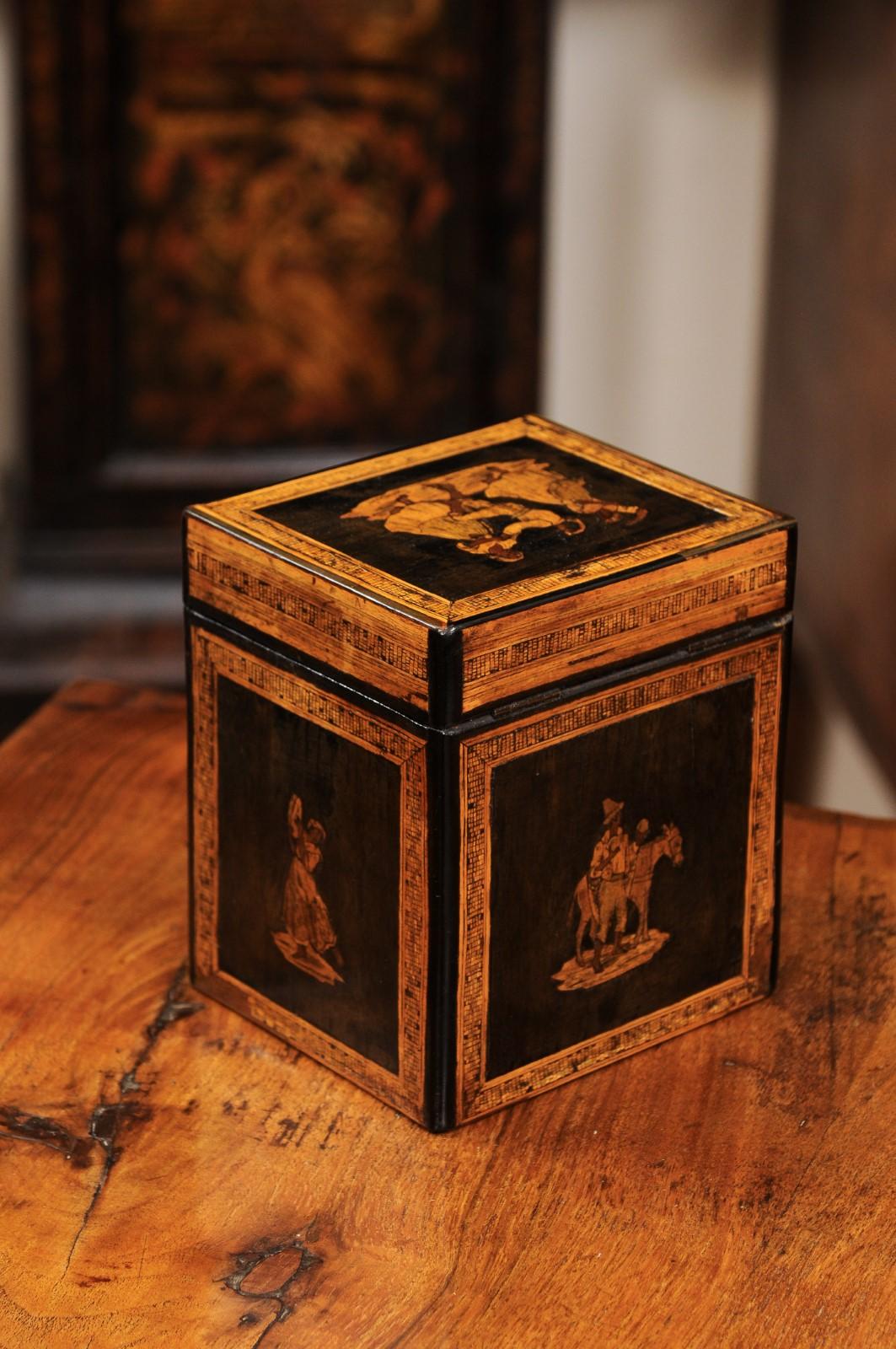French Early 19th Century Tea caddy Featuring marquetry Inlay of Figures Dancing For Sale 6