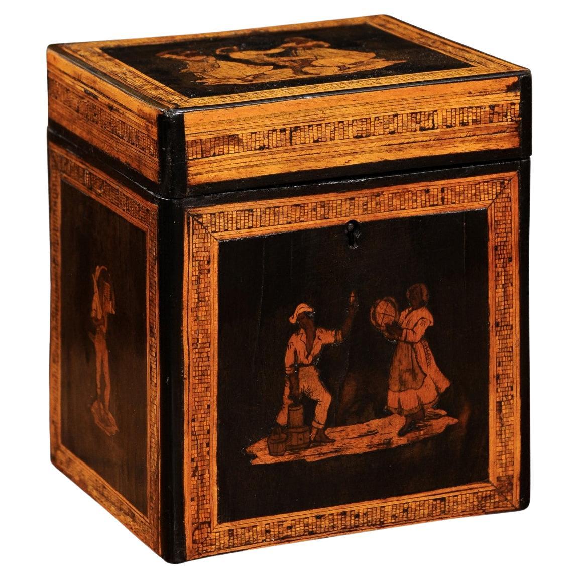 French Early 19th Century Tea caddy Featuring marquetry Inlay of Figures Dancing For Sale