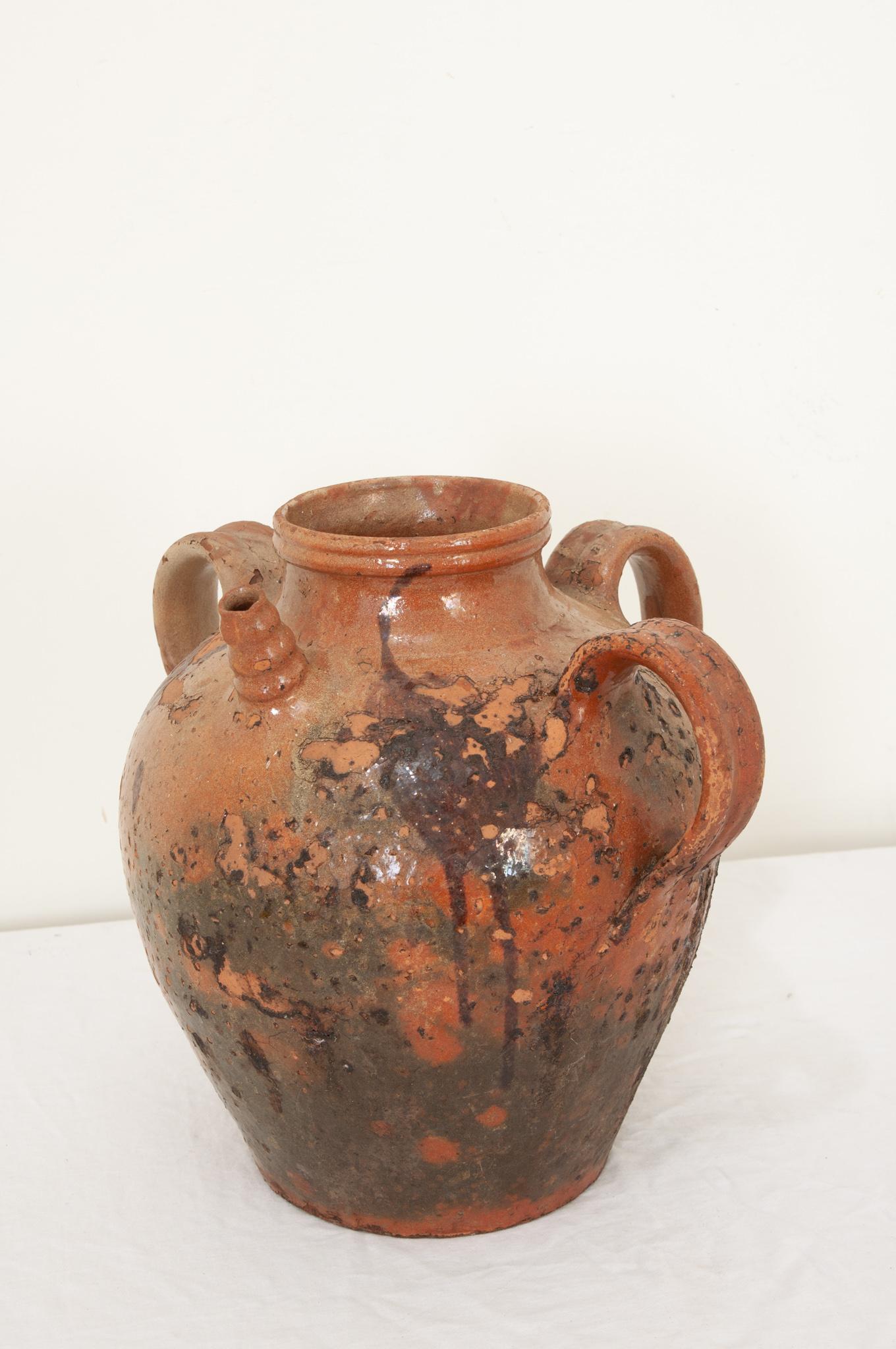 Fired French Early 19th Century Terracotta Olive Oil Jar For Sale
