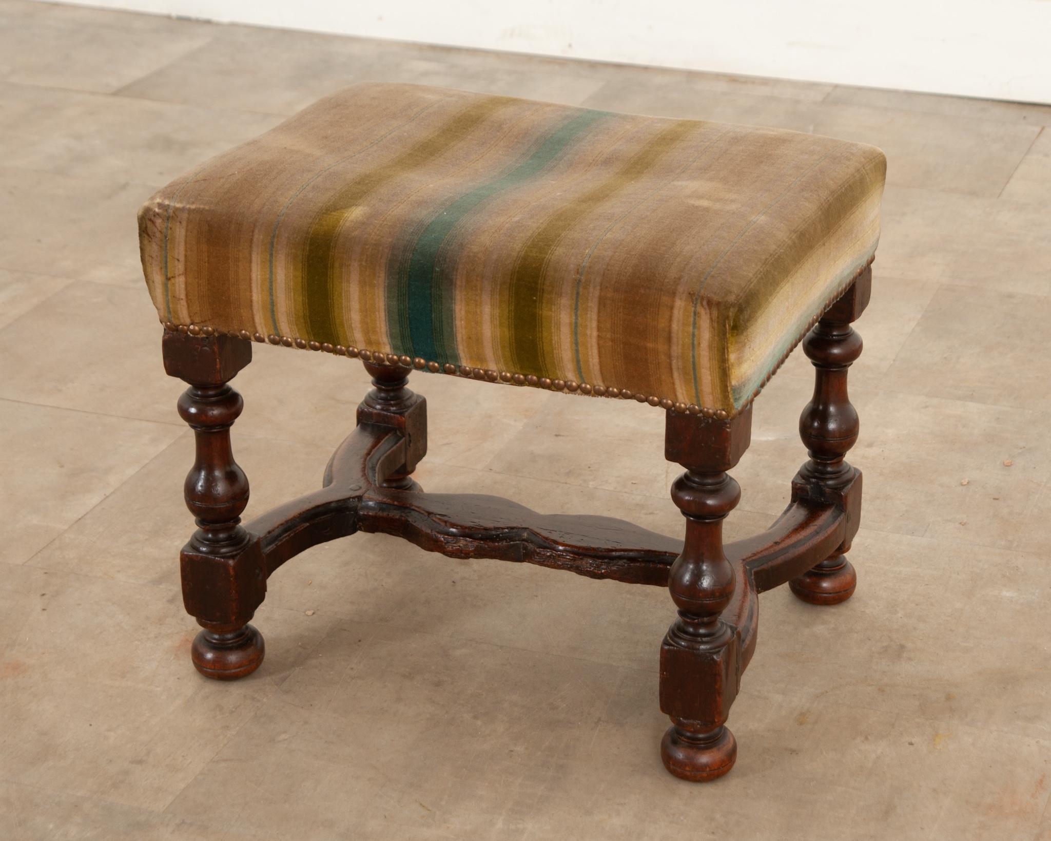 French Early 19th Century Upholstered Walnut Stool 1