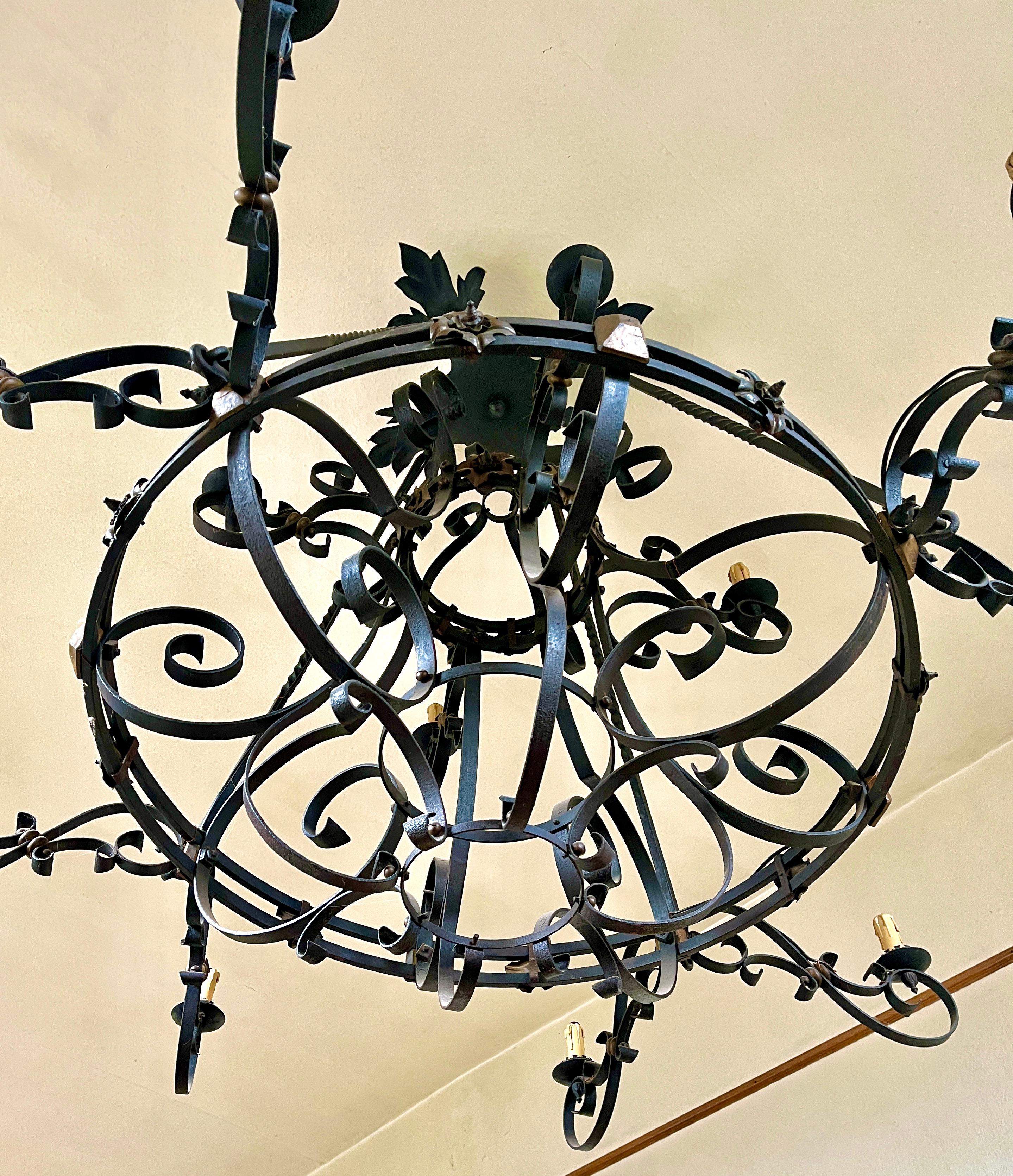 Art Nouveau French 19th Century Very Large Wrought Iron Twelve-Light Chandelier For Sale