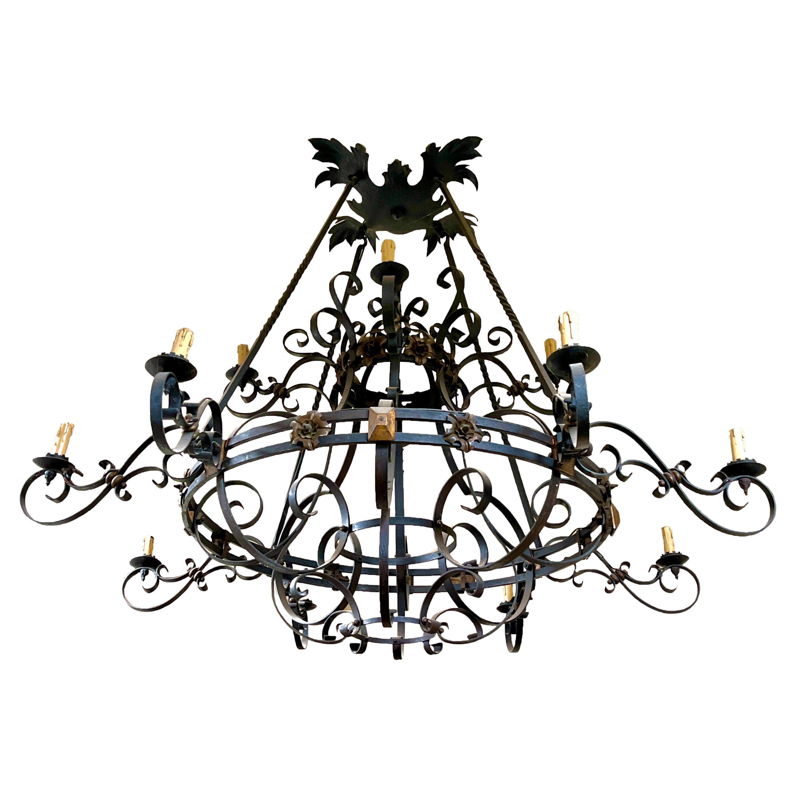 French 19th Century Very Large Wrought Iron Twelve-Light Chandelier For Sale