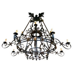 Antique French 19th Century Very Large Wrought Iron Twelve-Light Chandelier