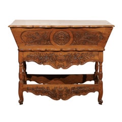 French Early 19th Century Walnut Dough Bin on Stand with Carved Floral Décor