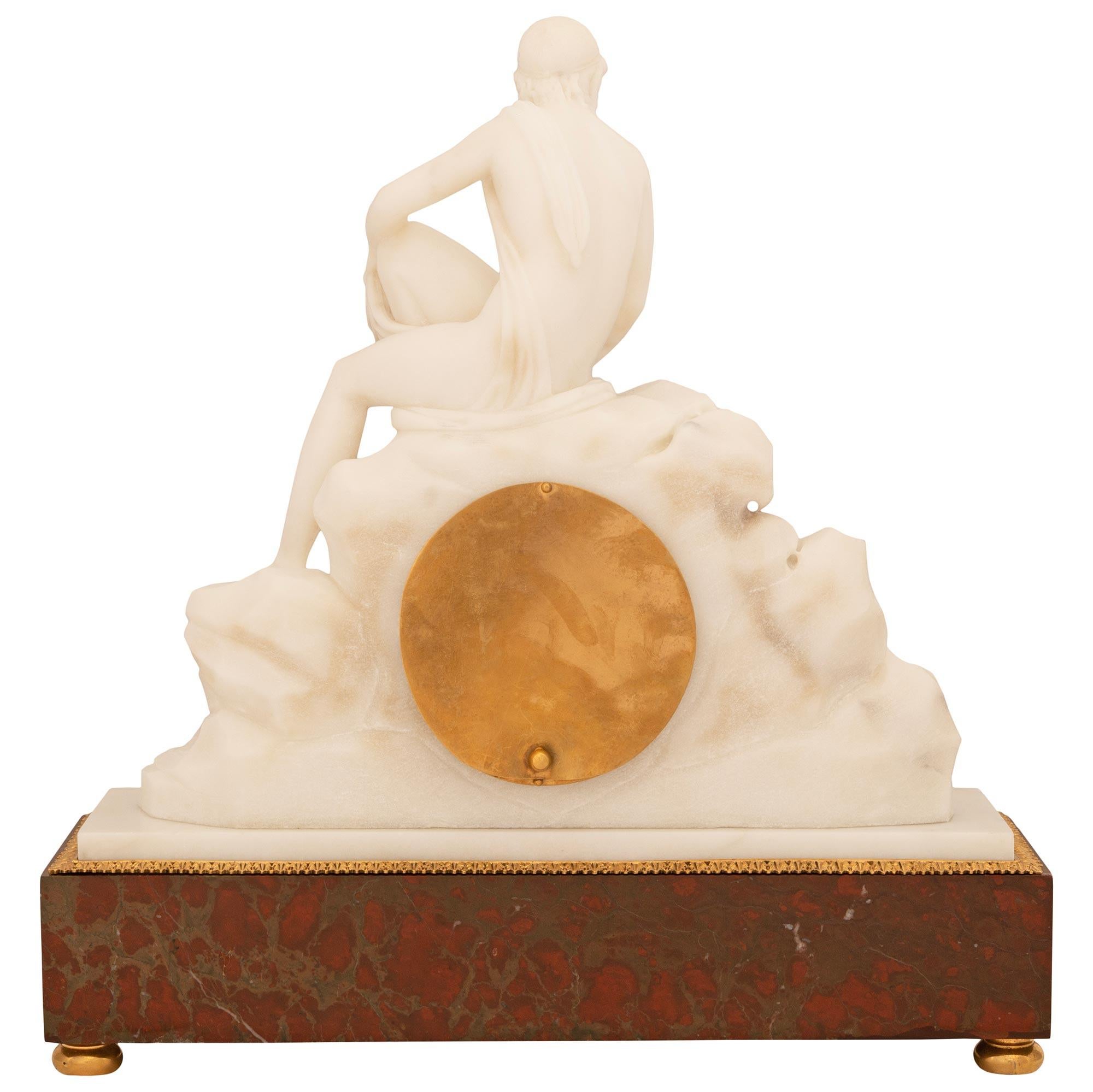 French early 19th century white Carrara, Griotte marble and Ormolu clock For Sale 7