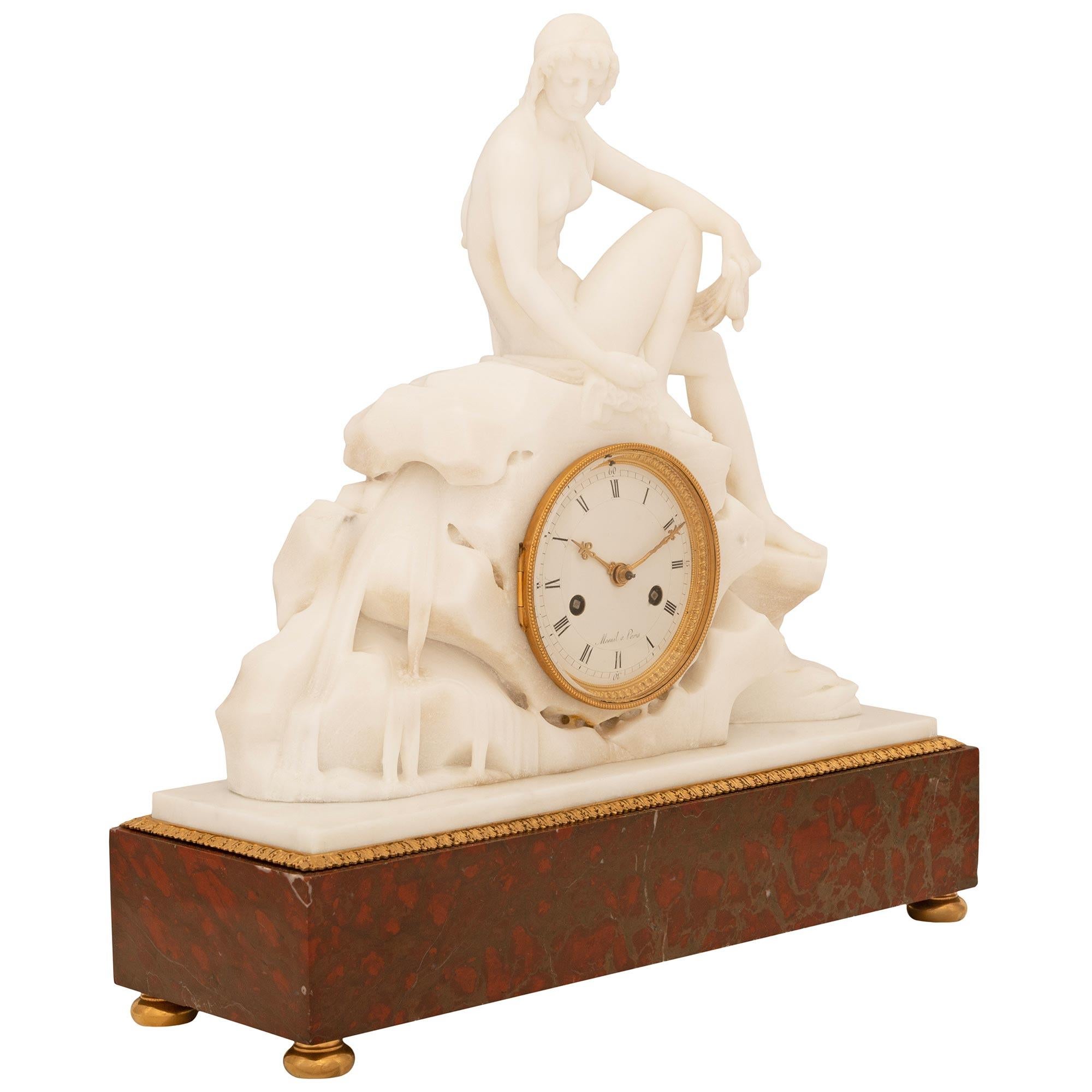 Neoclassical French early 19th century white Carrara, Griotte marble and Ormolu clock For Sale