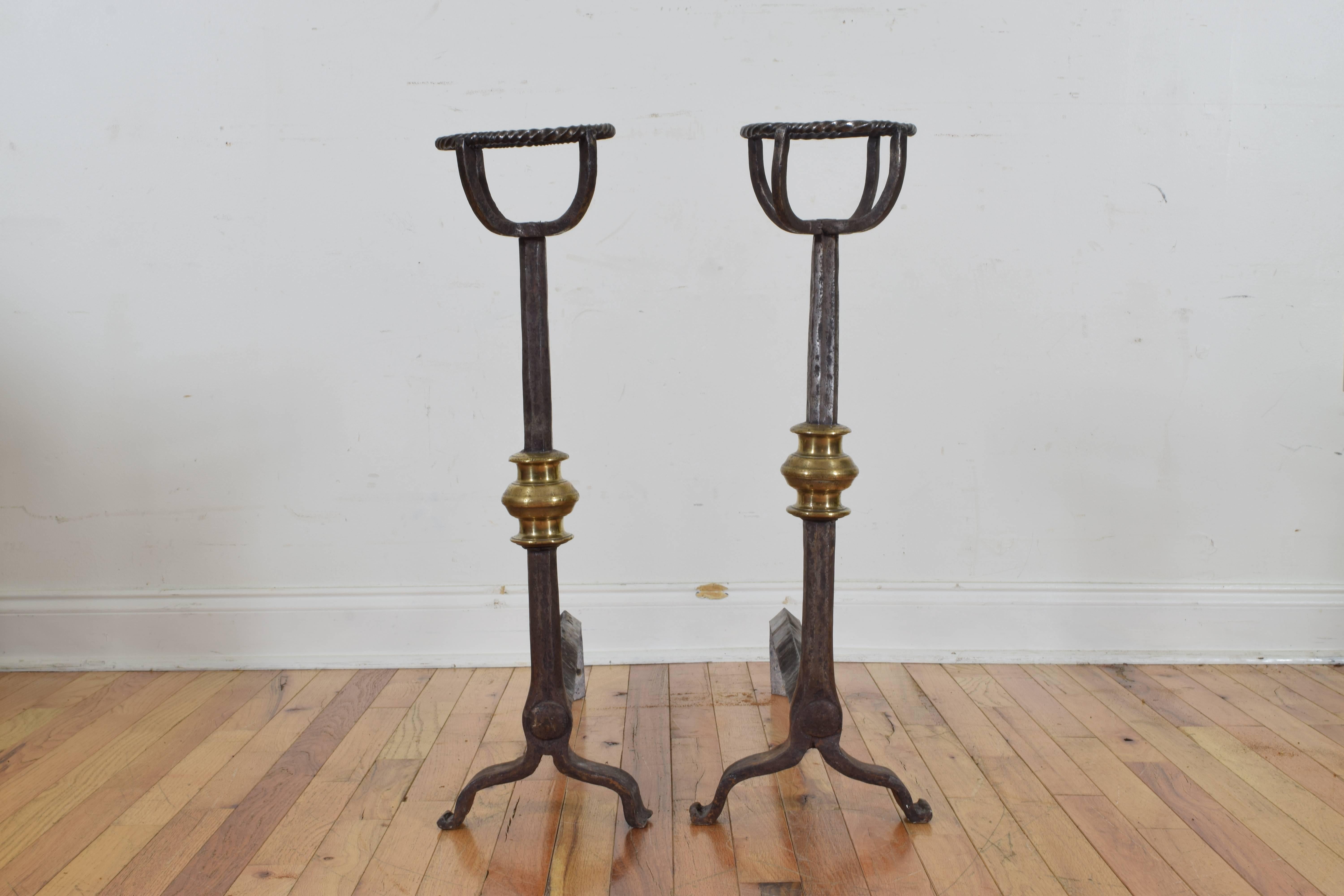 French Early 19th Century Wrought Iron and Brass Andirons In Excellent Condition In Atlanta, GA