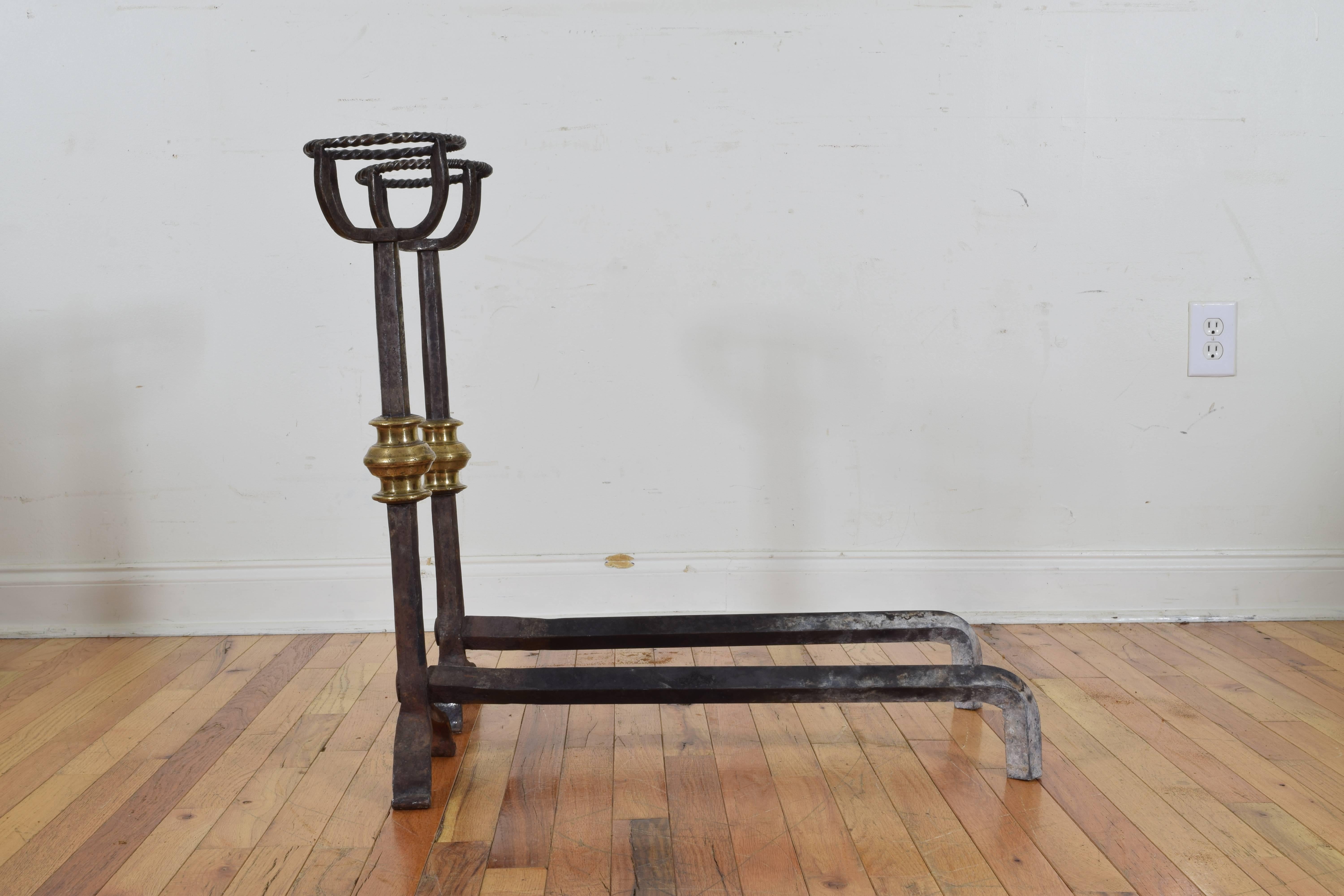 French Early 19th Century Wrought Iron and Brass Andirons 1
