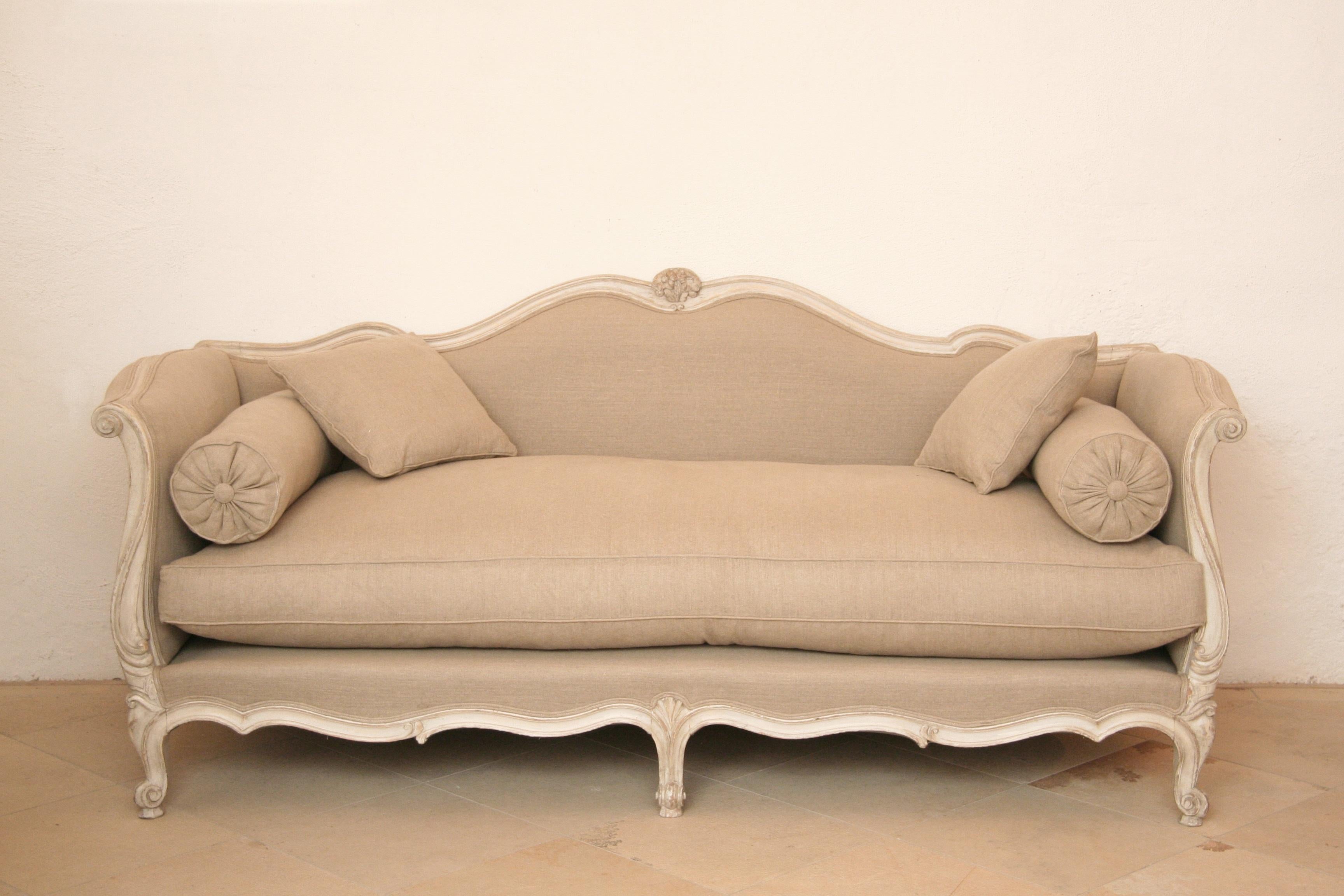 Louis XV French Early 19th Century XV Canape / Settee Creme-White Painting, Linen Fabric