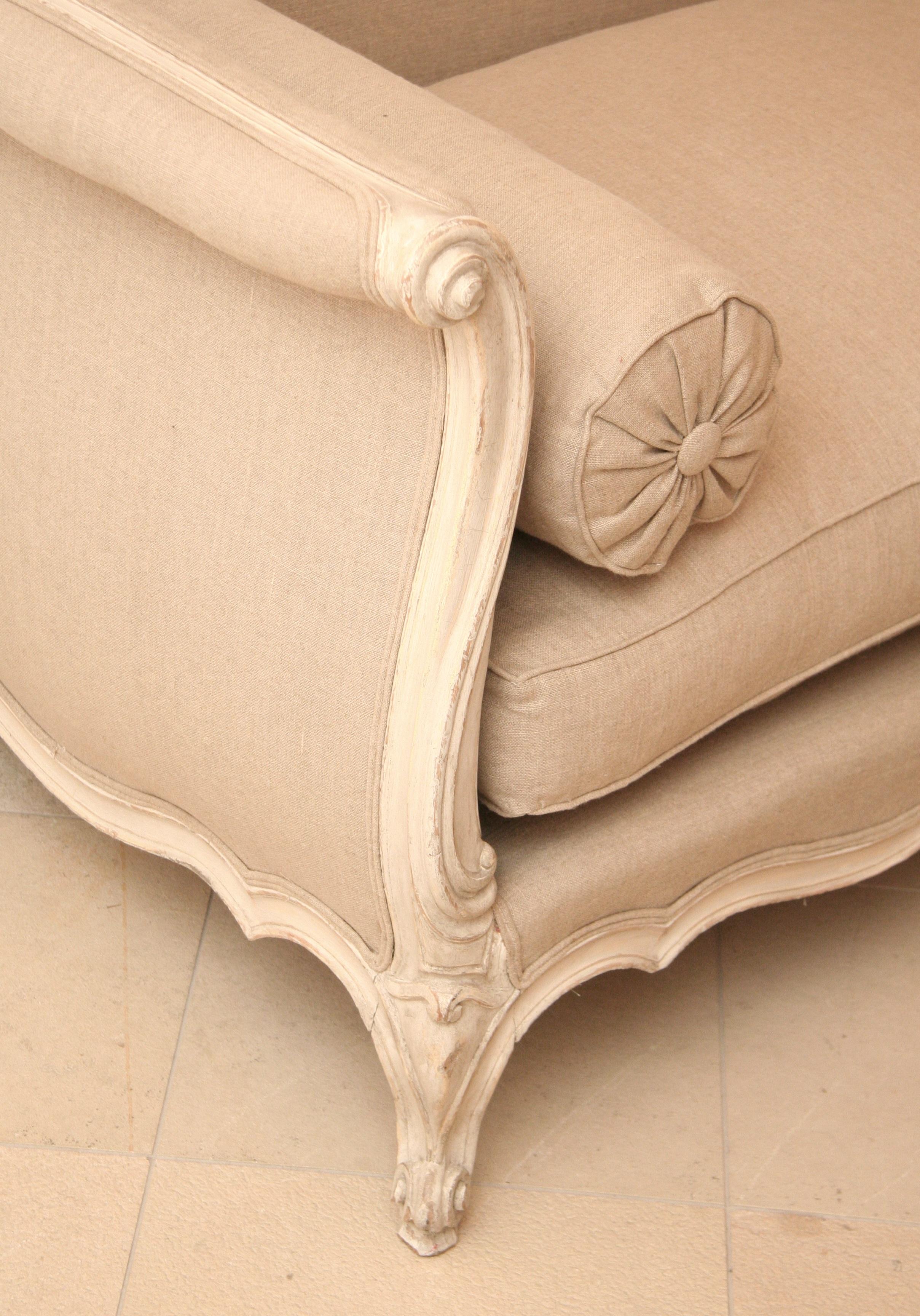French Early 19th Century XV Canape / Settee Creme-White Painting, Linen Fabric 2