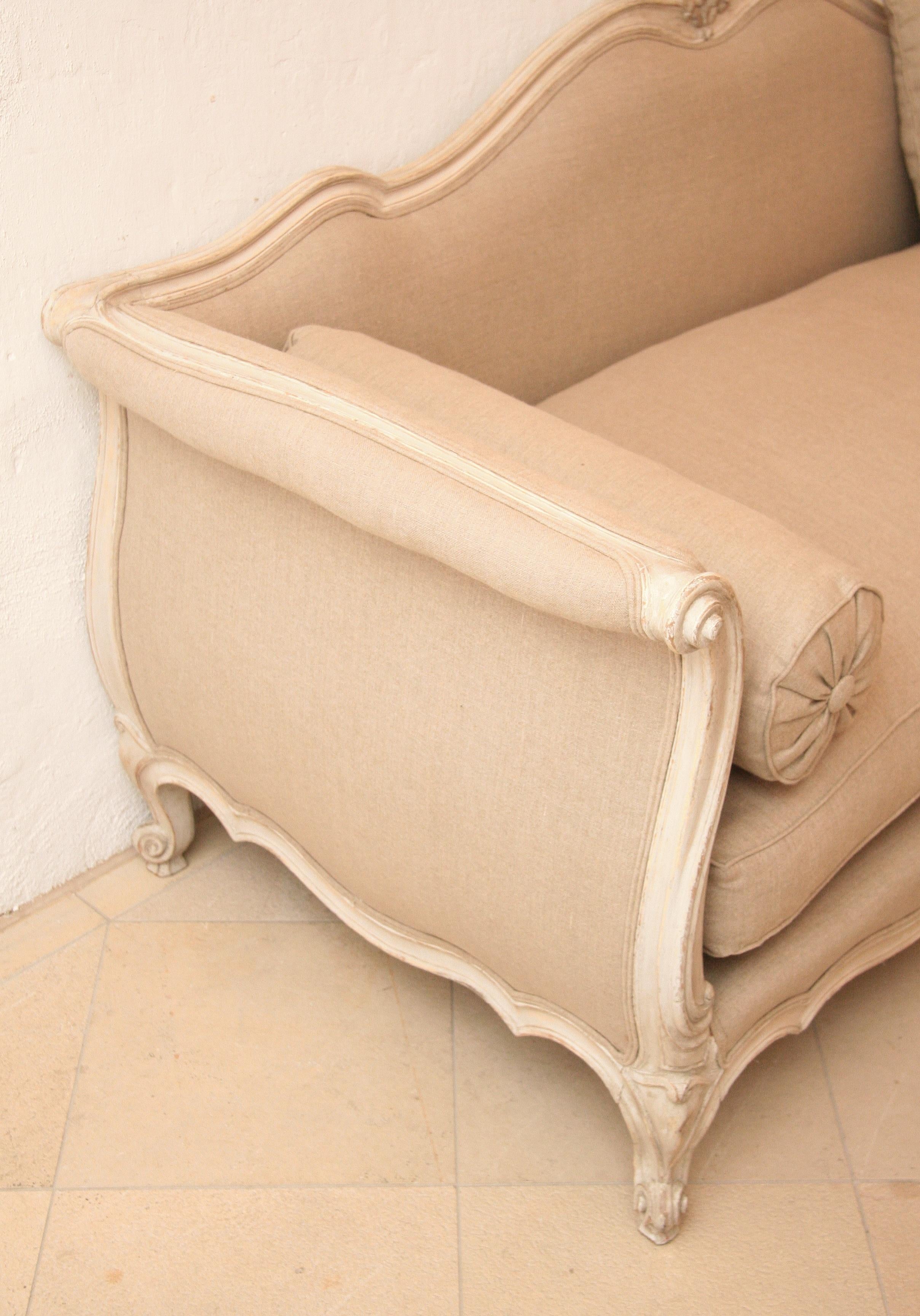 French Early 19th Century XV Canape / Settee Creme-White Painting, Linen Fabric 3