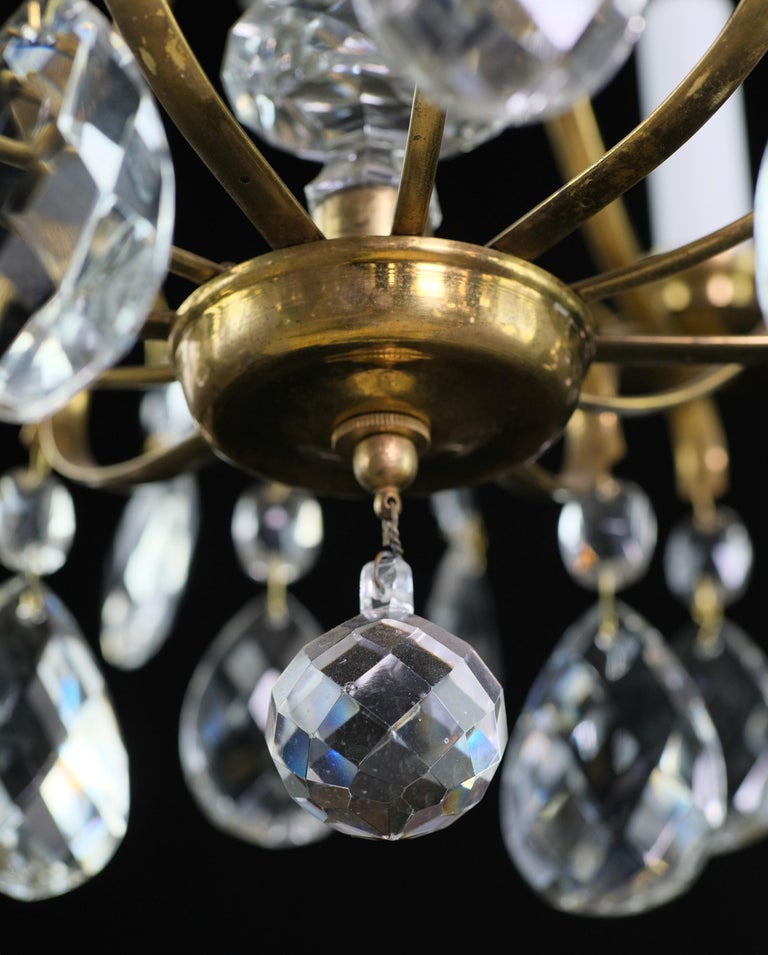 French Early 20th C. Brass 5Arm Chandelier w/ Hanging Crystals For