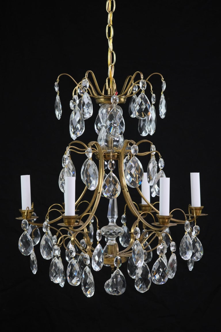 French Early 20th C. Brass 5Arm Chandelier w/ Hanging Crystals For