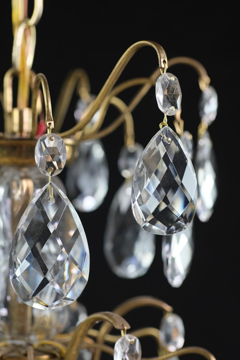 French Early 20th C. Brass 5Arm Chandelier w/ Hanging Crystals For