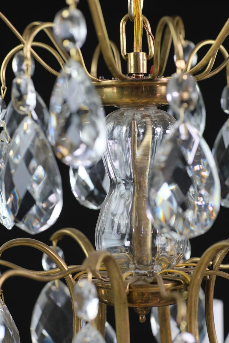 French Early 20th C. Brass 5Arm Chandelier w/ Hanging Crystals For