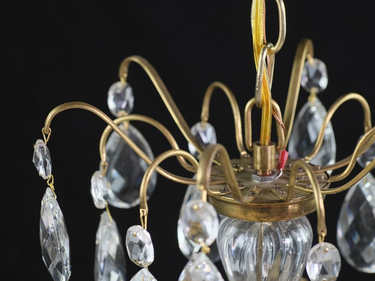 French Early 20th C. Brass 5Arm Chandelier w/ Hanging Crystals For