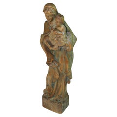 French Early 20th C Carved wood Madona andChild Sculpture